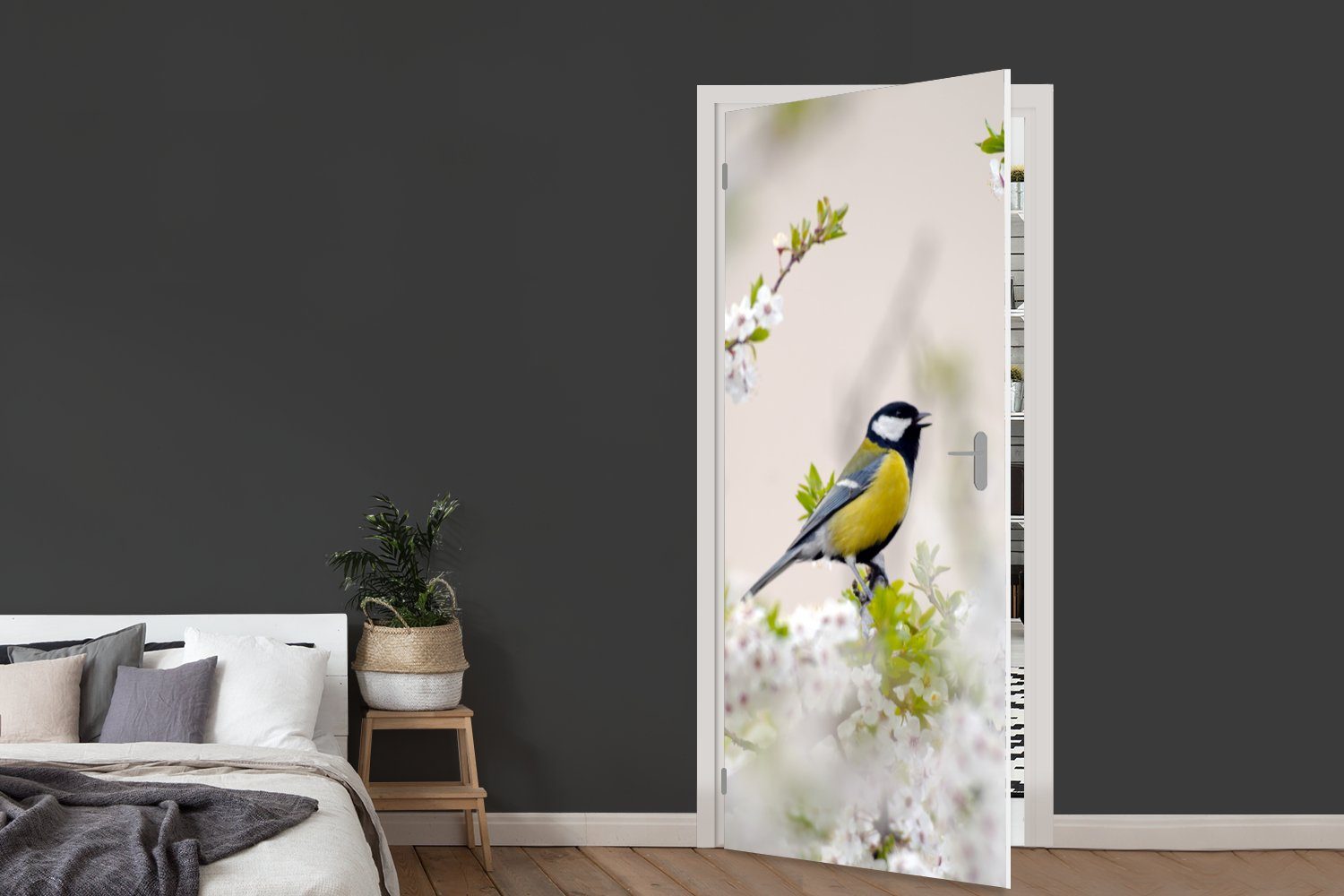 - St), 75x205 Türaufkleber, Fototapete Tür, - Blütenbaum, Matt, (1 Kohlmeise Blumen MuchoWow cm - bedruckt, Türtapete Vogel für