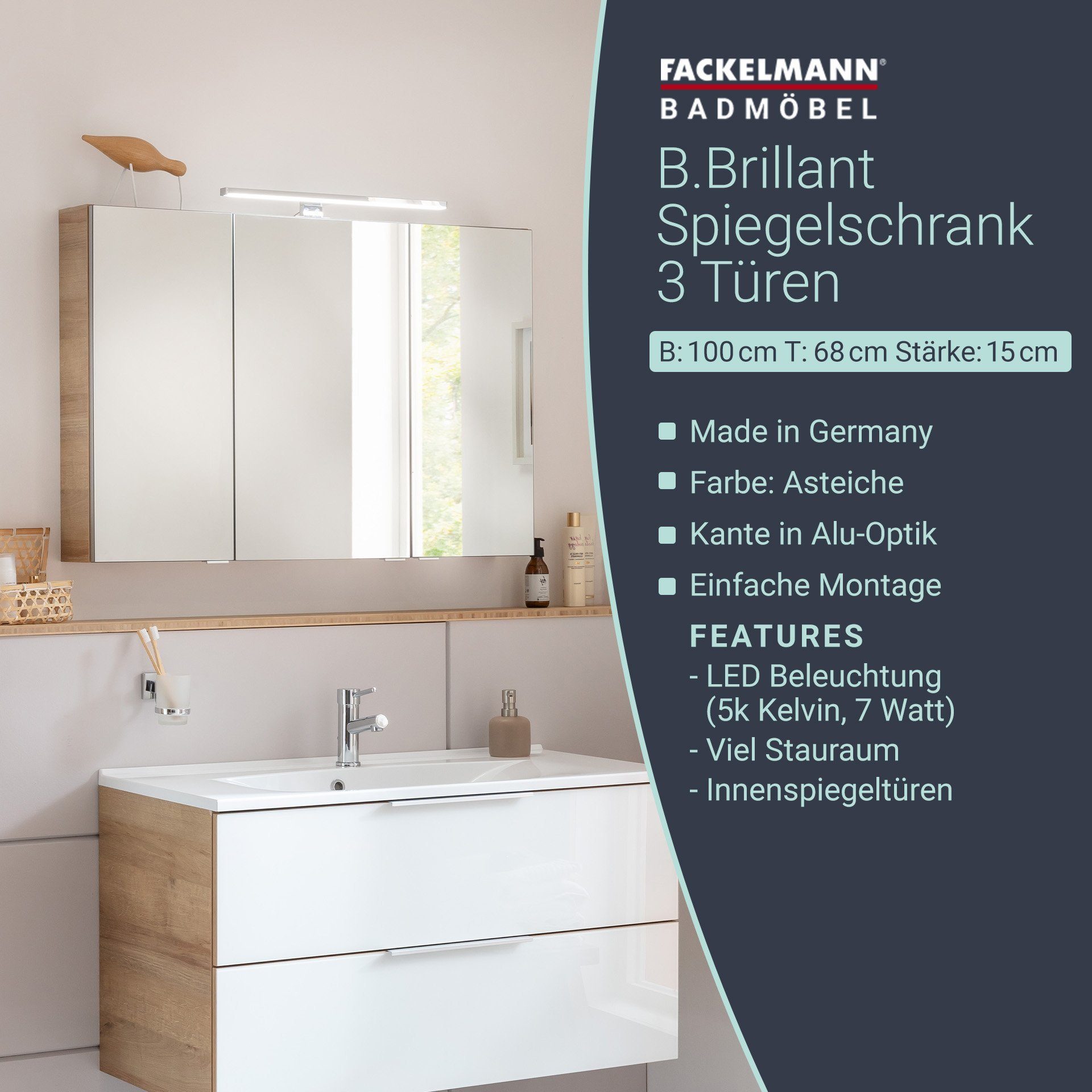 FACKELMANN Spiegelschrank B.Brillant Spiegelschrank – viel Stauraum & LED-Beleuchtung