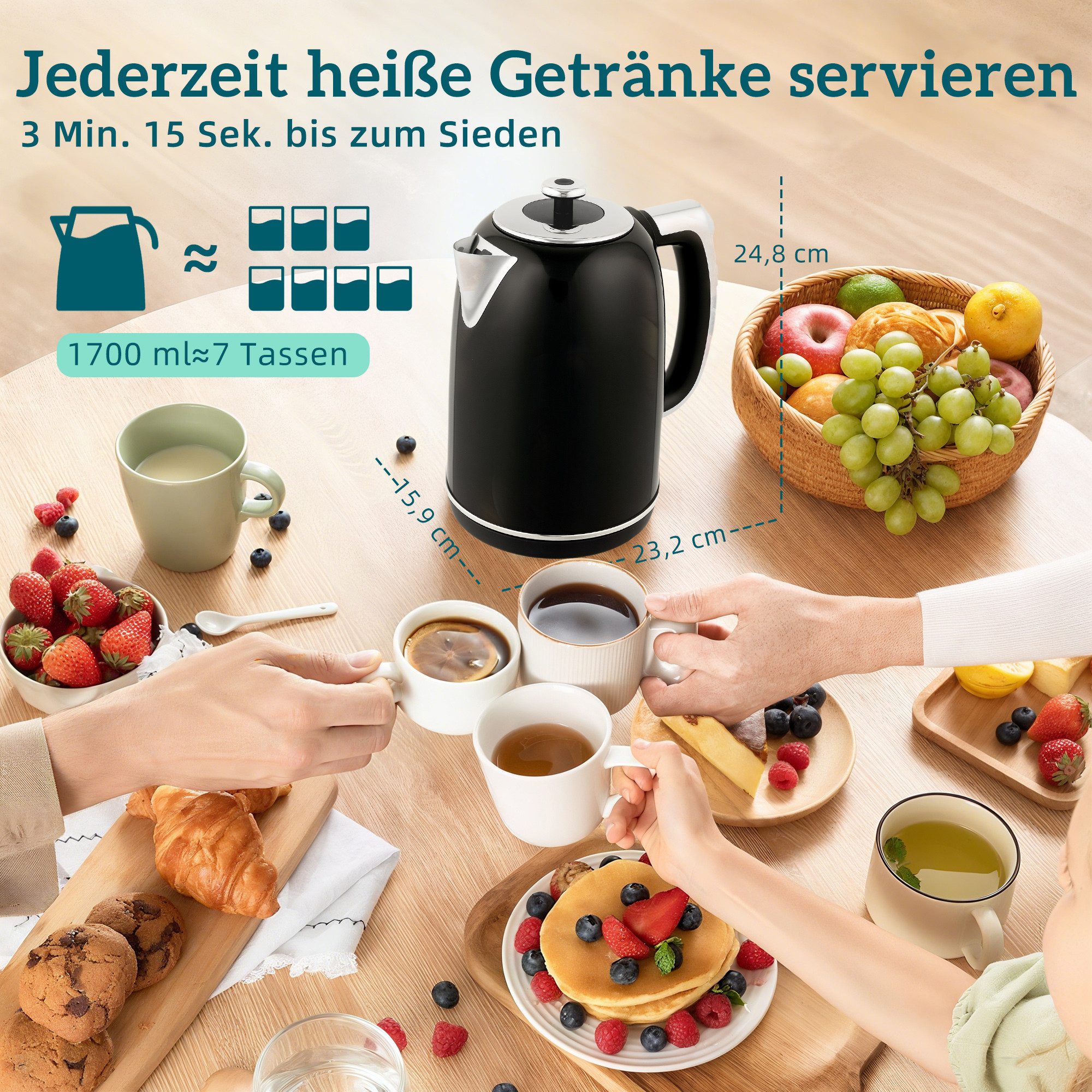 HOMCOM Toaster Wasserkocher Set 1,7L Edelstahl Memory-Funktion, Wasserkocher-Toaster-Set, für Frühstückszubereitung, 2200 W, mit LED-Display, Schwarz