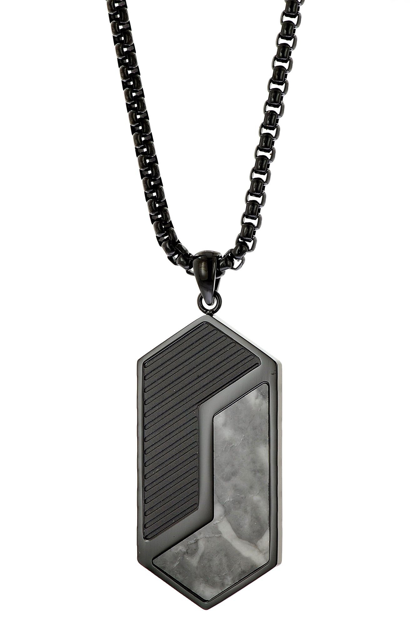 Holzkern Kette mit Anhänger Herren-Edelstahl Zigzag Marmor/Schwarz