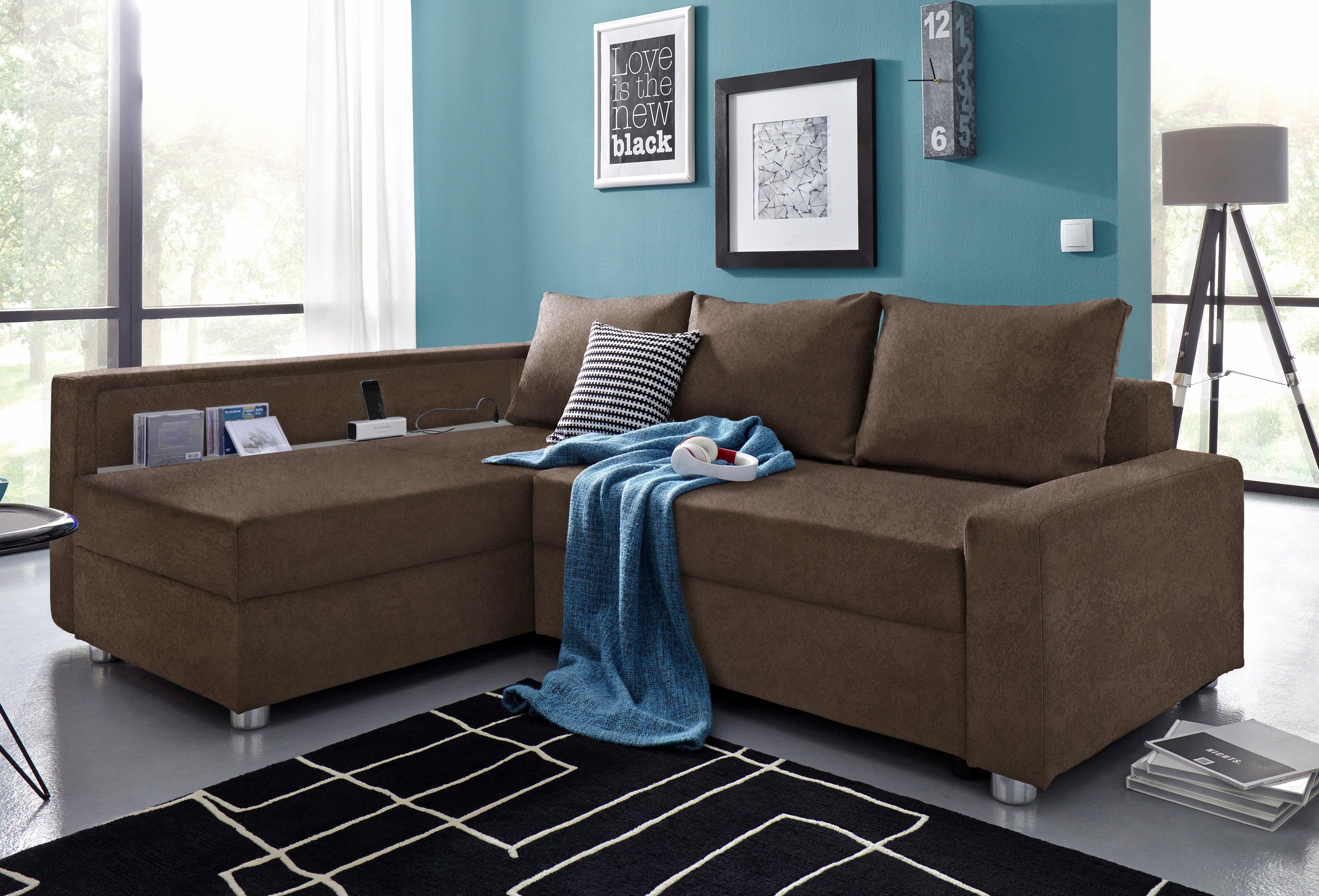 COLLECTION AB Ecksofa Relax L-Form, B: 223 cm, Schlaffunktion, Bettkasten, Regal & 1 Zierkissen, optional Licht