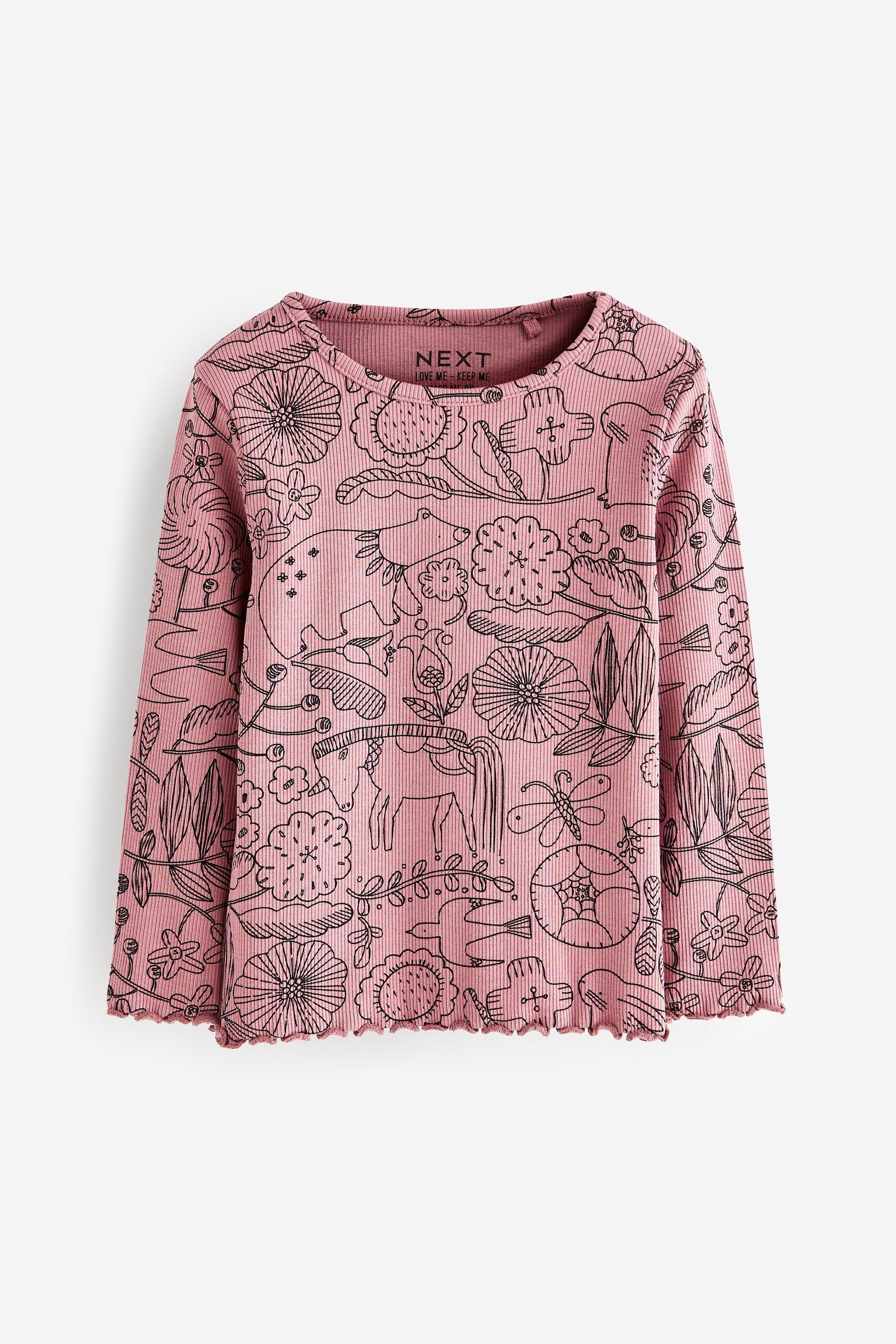 Next Langarmshirt Langärmeliges Feinripp-Shirt (1-tlg) Pink Mono Floral