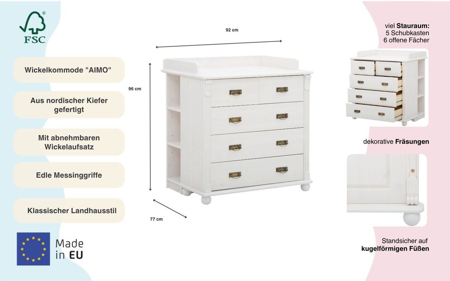 OTTO home Wickelkommode "Aimo", Kommode, Landhausstil, mit edlen Messinggriffen und Details, aus Massivholz (Kiefer); FSC®-Holz