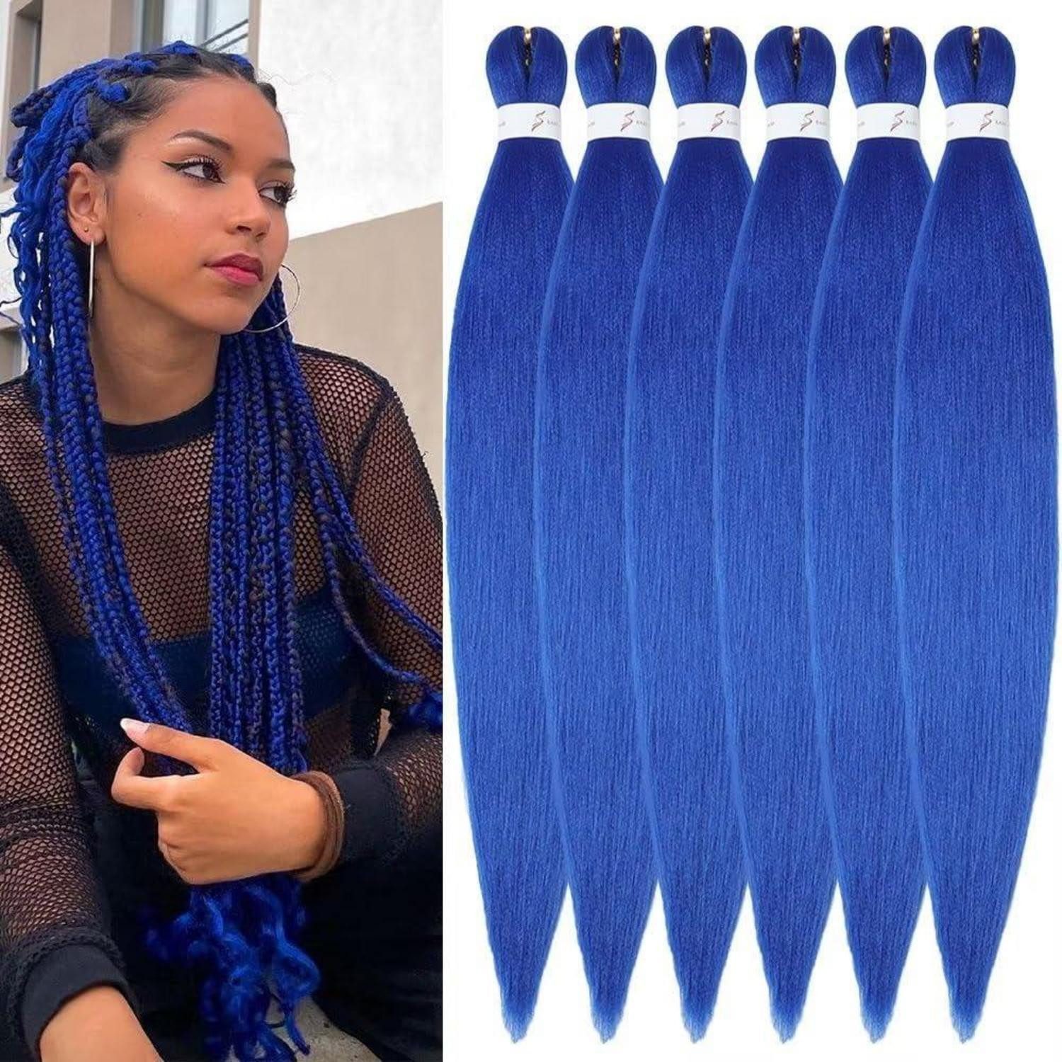 LuxusKollektion Kunsthaar-Extension Haarverlängerung PreStretched Braids 81cm 32 Zoll 6er pack Blue