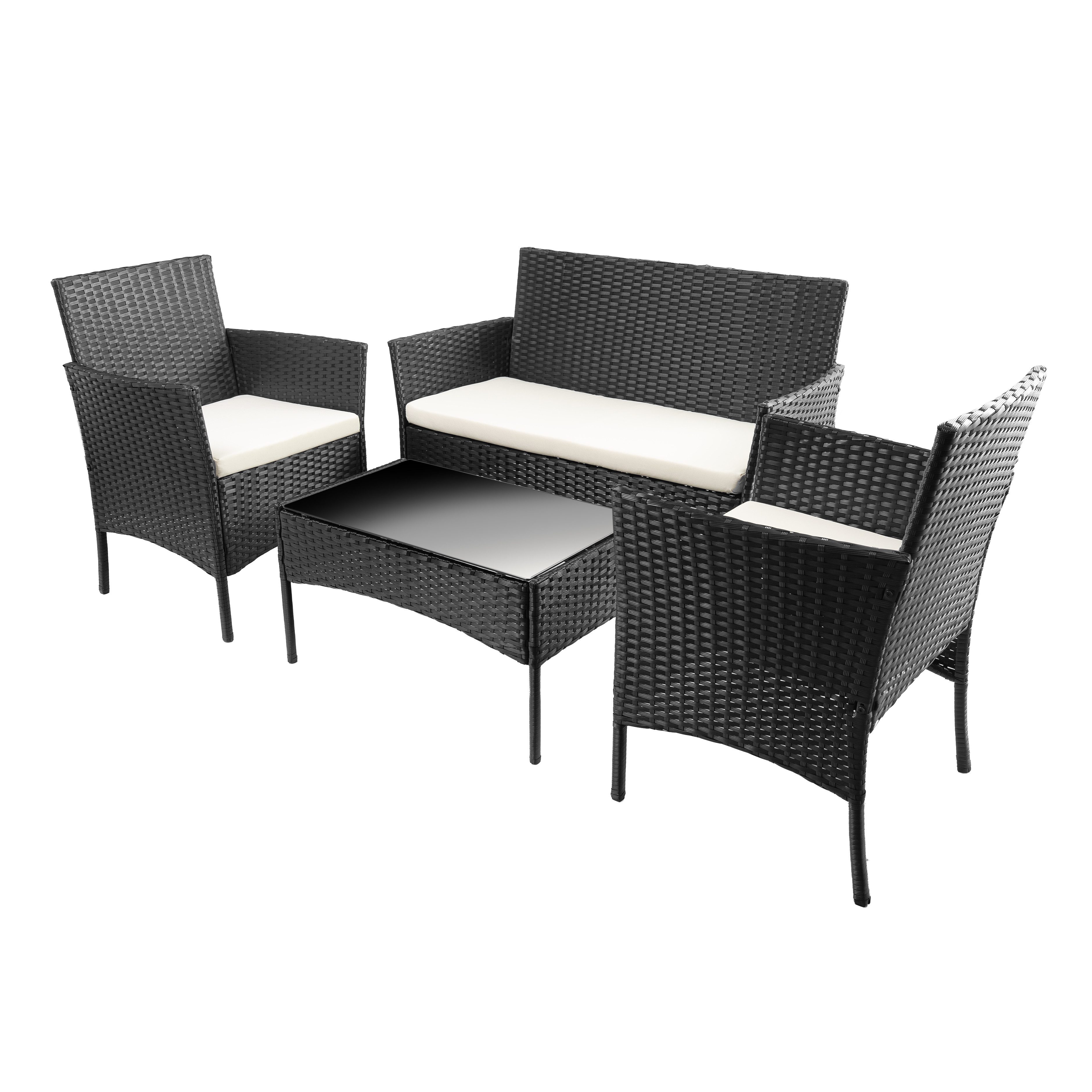Furnify Gartenlounge-Set STEINHOF 4-teilig Gartenmöbel Set mit Sofa, 2 Sesseln & Glastisch, (Set, 4-tlg., Sofa, 2x Sessel, 1x Tisch, Sitzkissen), Mit Sitzkissen inklusive