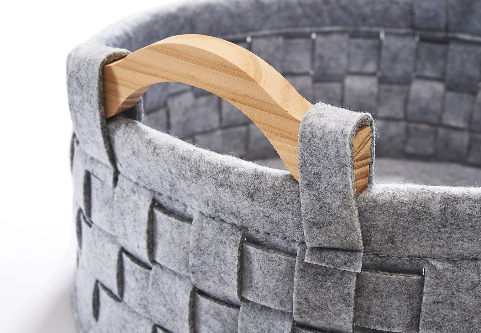 Kobolo Aufbewahrungskorb Regalkorb Holzgriff aus oval mit grau 3er Filz Set