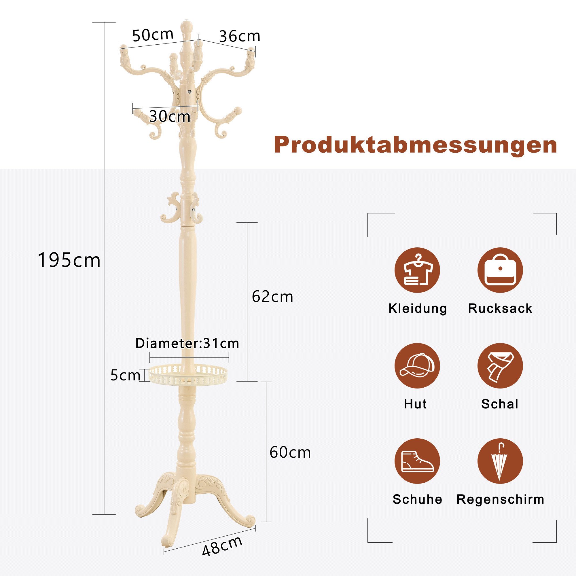 JUFU Garderobenständer aus massivem Buchenholz im klassischen Stil, 195 cm hoch, (1 St), mit Metallablage, abgerundeten Haken & stabilem Dreibein – Bild 2 von 5