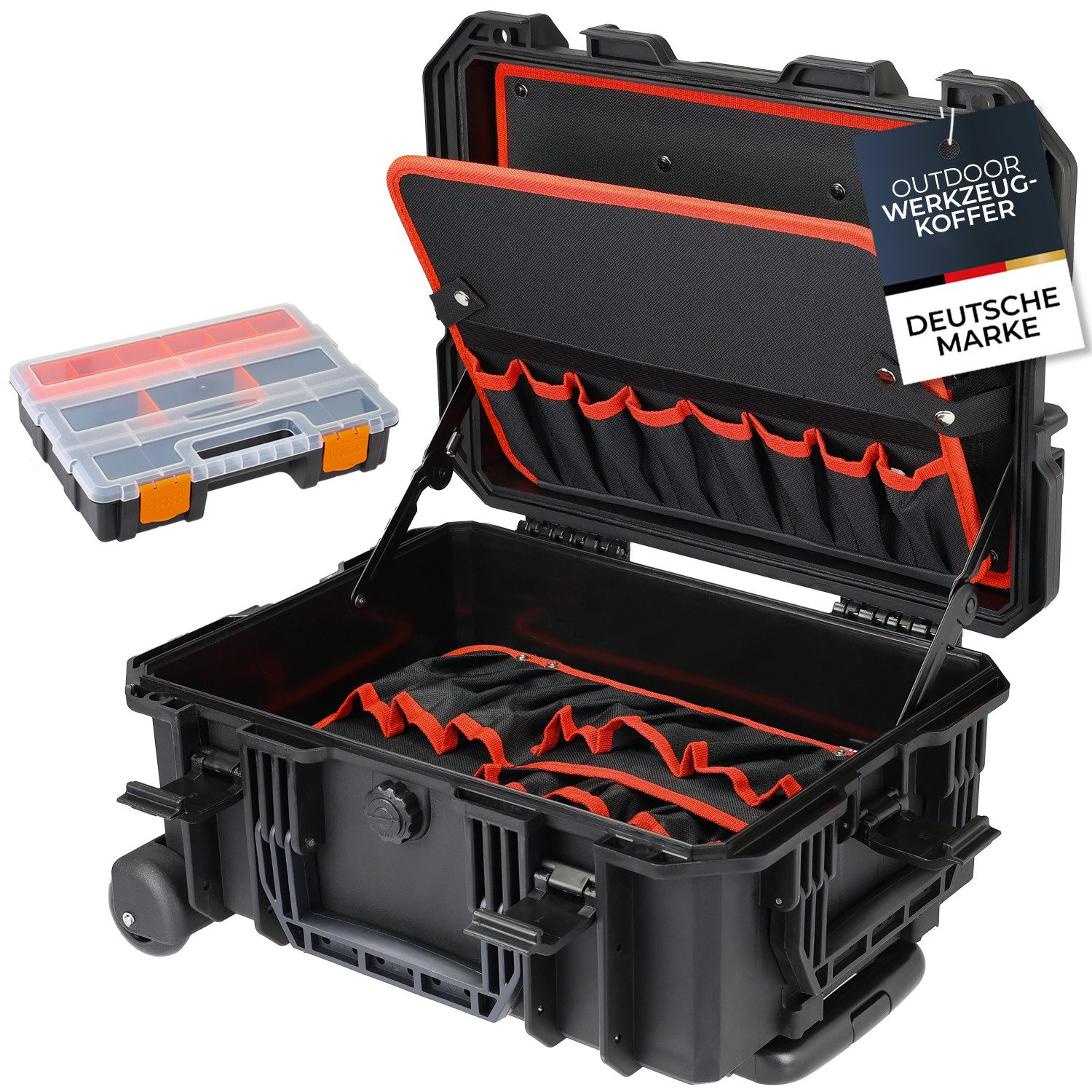 HMF Werkzeugkoffer 15604-02 Outdoor Werkzeugtrolley, Werkzeugkoffer leer mit Rollen, 46,5 x 36 x 22,5 cm, Schwarz