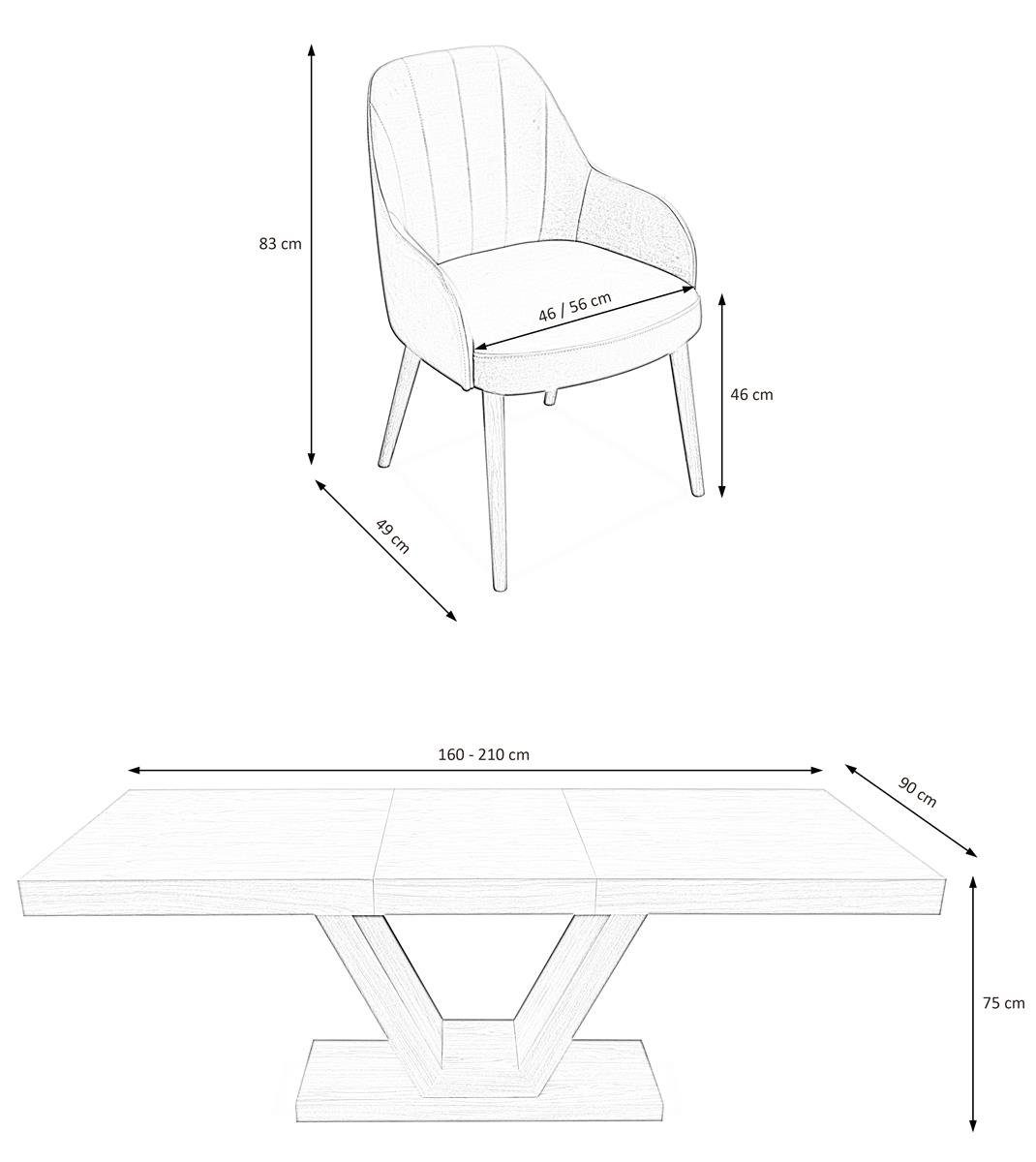 (Eichenfurnier mit Stühle 4x Set Sitzgruppe KLARA, ausziehbare Beautysofa Tischplatte Hellgrau (paros mit - cm), Velourstoff 05) 160 gepolsterte mit 210 modernes + Lack,