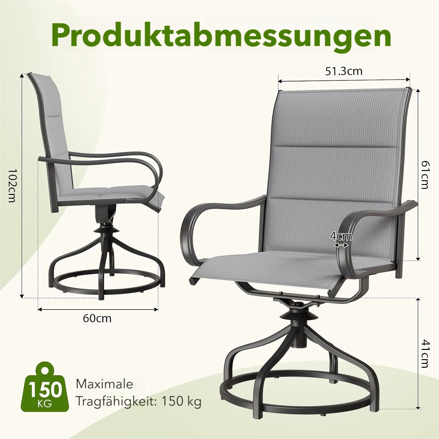 TLGREEN Gartenstuhl hochlehner 2er Set,360° drehbar, Drehstühle Wetterfeste, (Gesteppte Rückenlehne & Sitzfläche, bis 150 kg belastbar, 2 St), Für Terrasse Garten Balkon