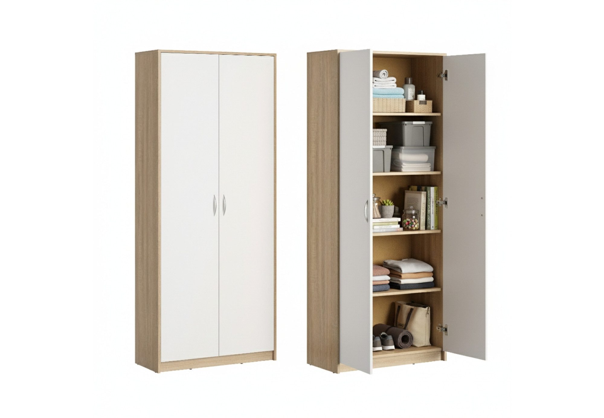 Home Collective Mehrzweckschrank Schrank Aktenschrank Hochschrank Mehrzweckschrank 2-türig 5 Fächer (74 cm breit aus Laminatplatte und hochwertigen Polymergriffen) robust & vielseitig viel Stauraum 74x35x180 (BxTxH) sonoma / weiß