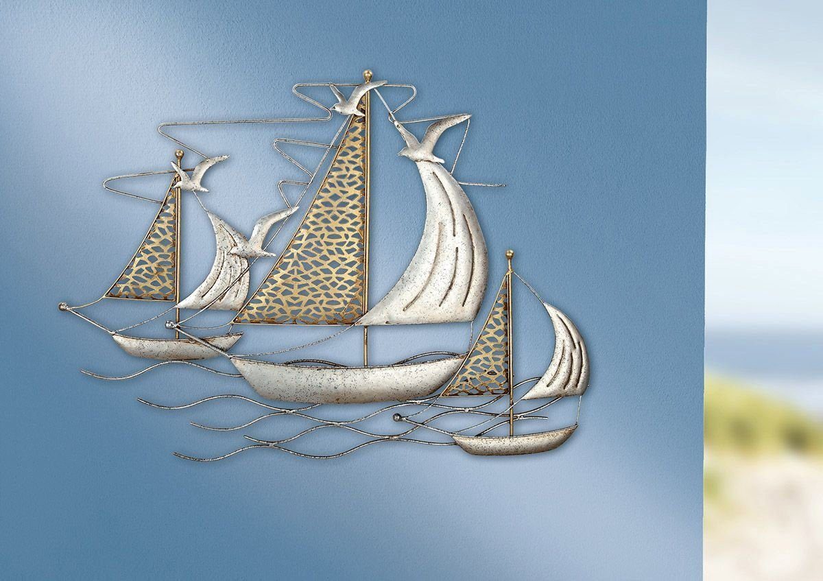 GILDE Dekoobjekt Handgefertigtes Metall Wandrelief 3 Segelschiffe - Einzigartiges Kunst