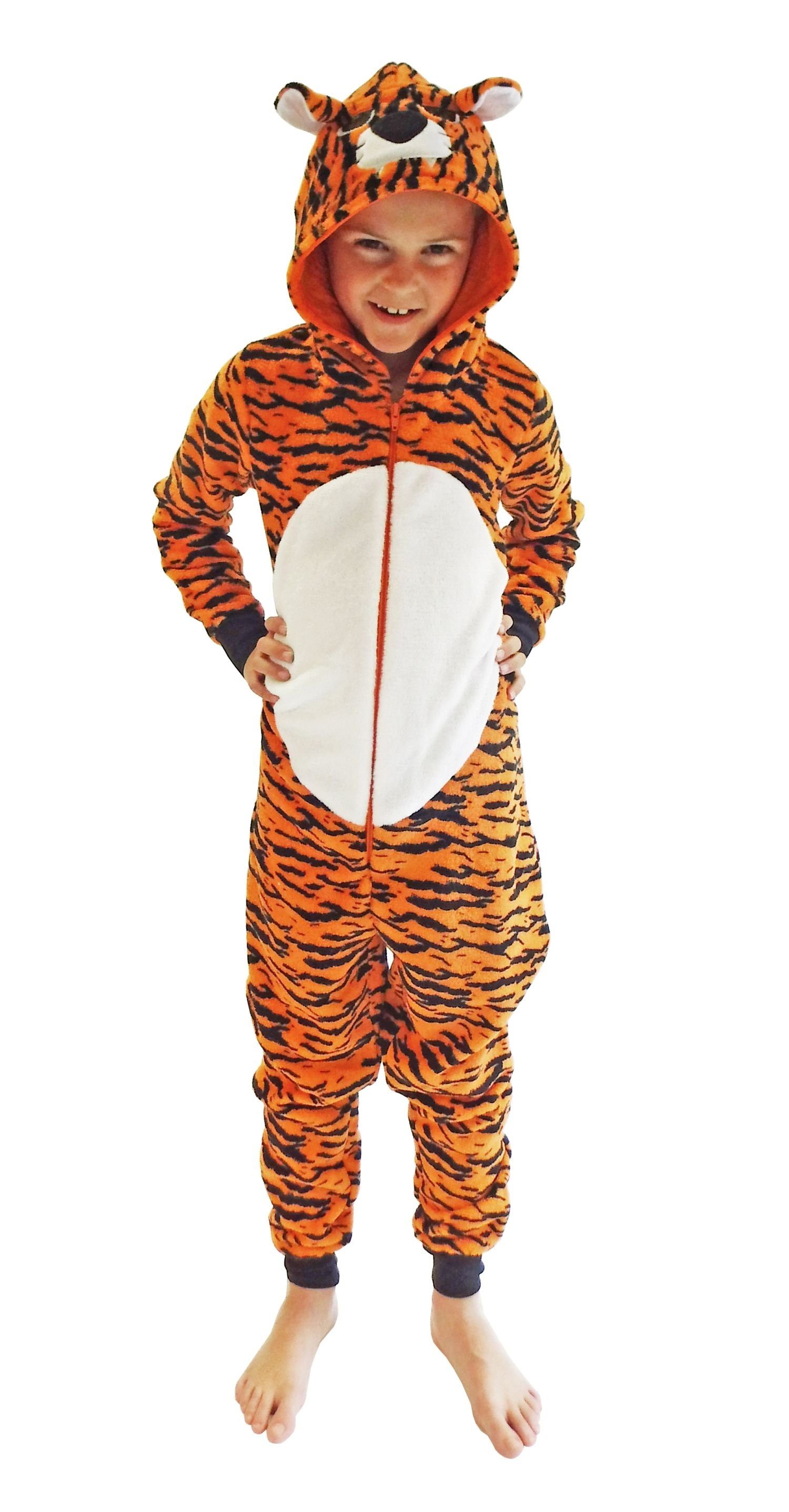 Normann Pyjama Mädchen in Onesie Schlafanzug Motiv Jumpsuit Overall Tiger niedlichen Tier