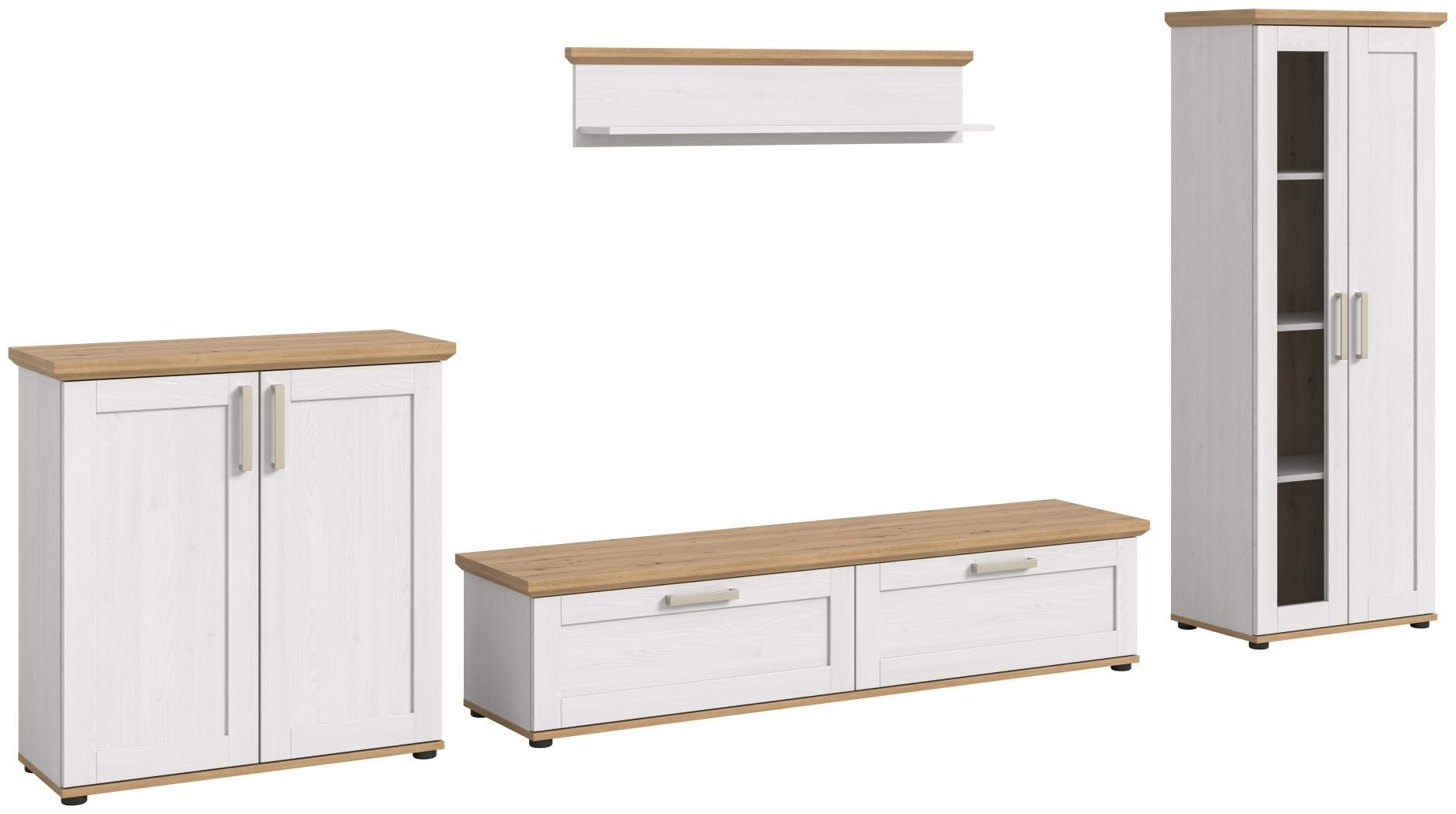 xonox.home Wohnwand Wohnkombination Verona, (4tlg. Set bestehend aus Highboard, Lowboard, Wandboard, Vitrine groß), Sibiu Lärche Nachbildung Melamin Modern 336x161x40 cm