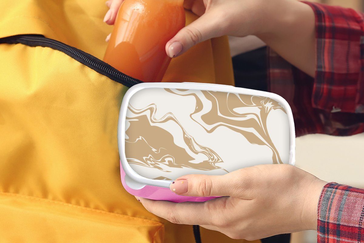 MuchoWow Lunchbox Marmor - (2-tlg), für Mädchen, Weiß - Brotbox Kunststoff, Kinder, Snackbox, Brotdose Kunststoff rosa Muster, Erwachsene