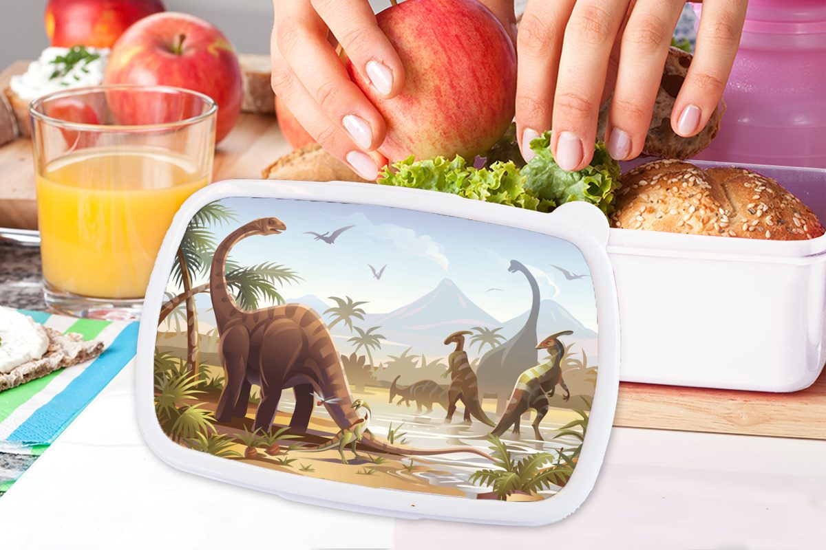 Brotdose, und Wasser Mädchen (2-tlg), Erwachsene, MuchoWow Kinderzimmer - für weiß Dinosaurier, für Kunststoff, Brotbox Lunchbox Kinder und Jungs -