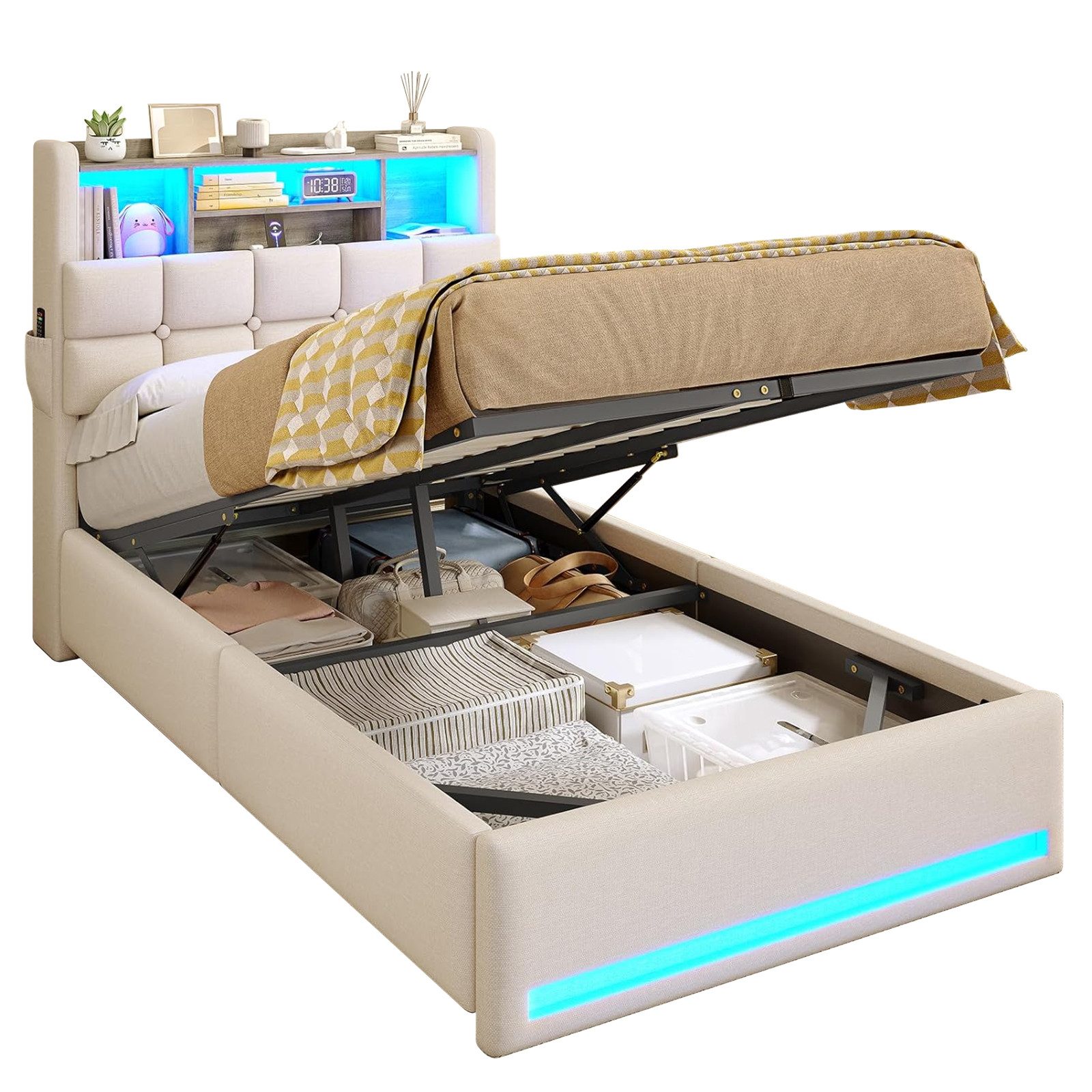 MSMASK Polsterbett Hydraulisches Stauraumbett mit LED-Bleuchtung, 90X200 cm günstig online kaufen