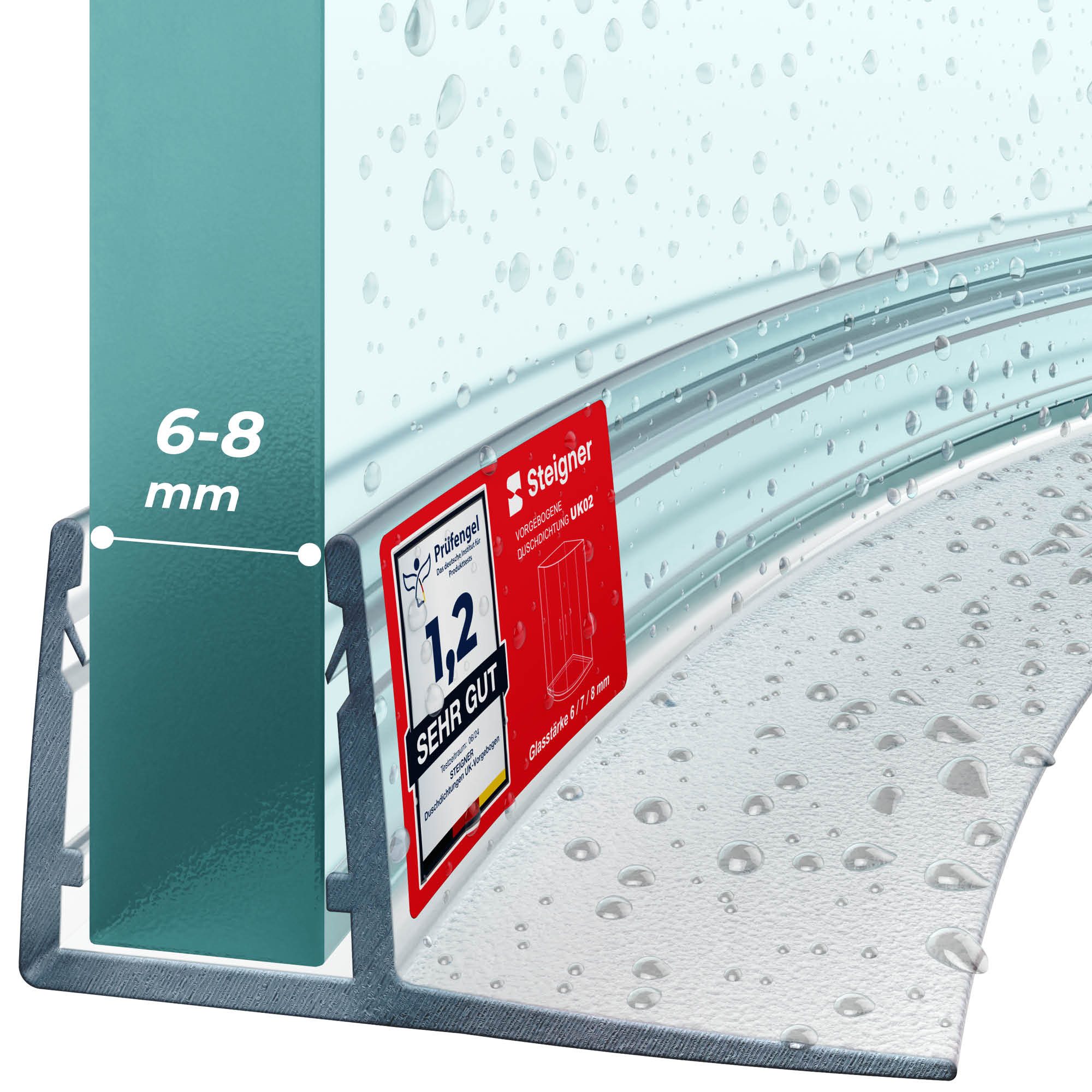 STEIGNER Duschdichtung Duschtürdichtung gebogen UK02 30 cm (1 Stk) Transparent 6-8 mm, L: 30 cm, (1 Stück Packung, Einzeldichtung), Duschdichtung für Runddusche oder Duschkabine Viertelkreis Duschtür