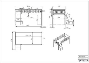 Vipack Hochbett Scott mit schräger Leiter, LF 90x200 cm, Vorhang, Tunnel, 7 Designs