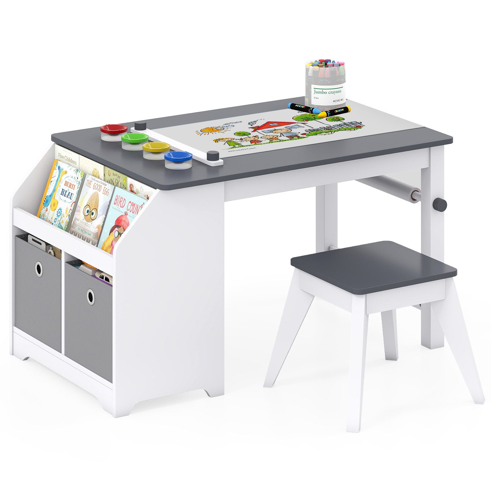 COSTWAY Kindersitzgruppe mit Papierrolle, 4 Farbbechern, (2-tlg), Maltisch