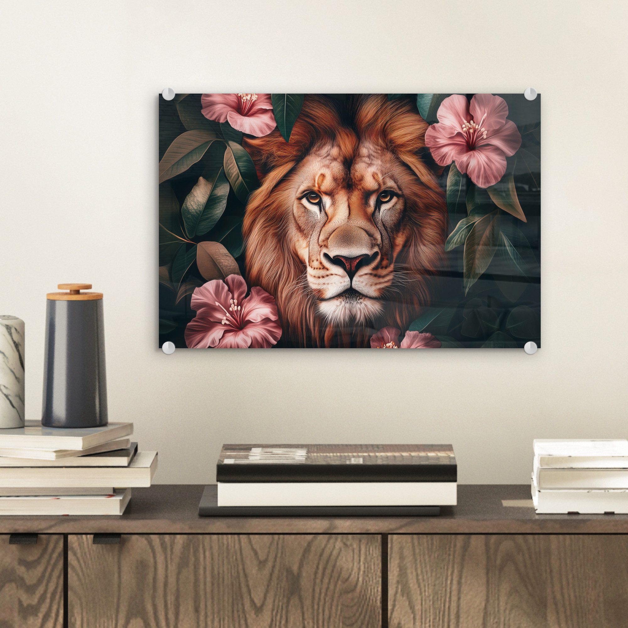 MuchoWow Acrylglasbild Löwe - Rosa Blumen günstig online kaufen