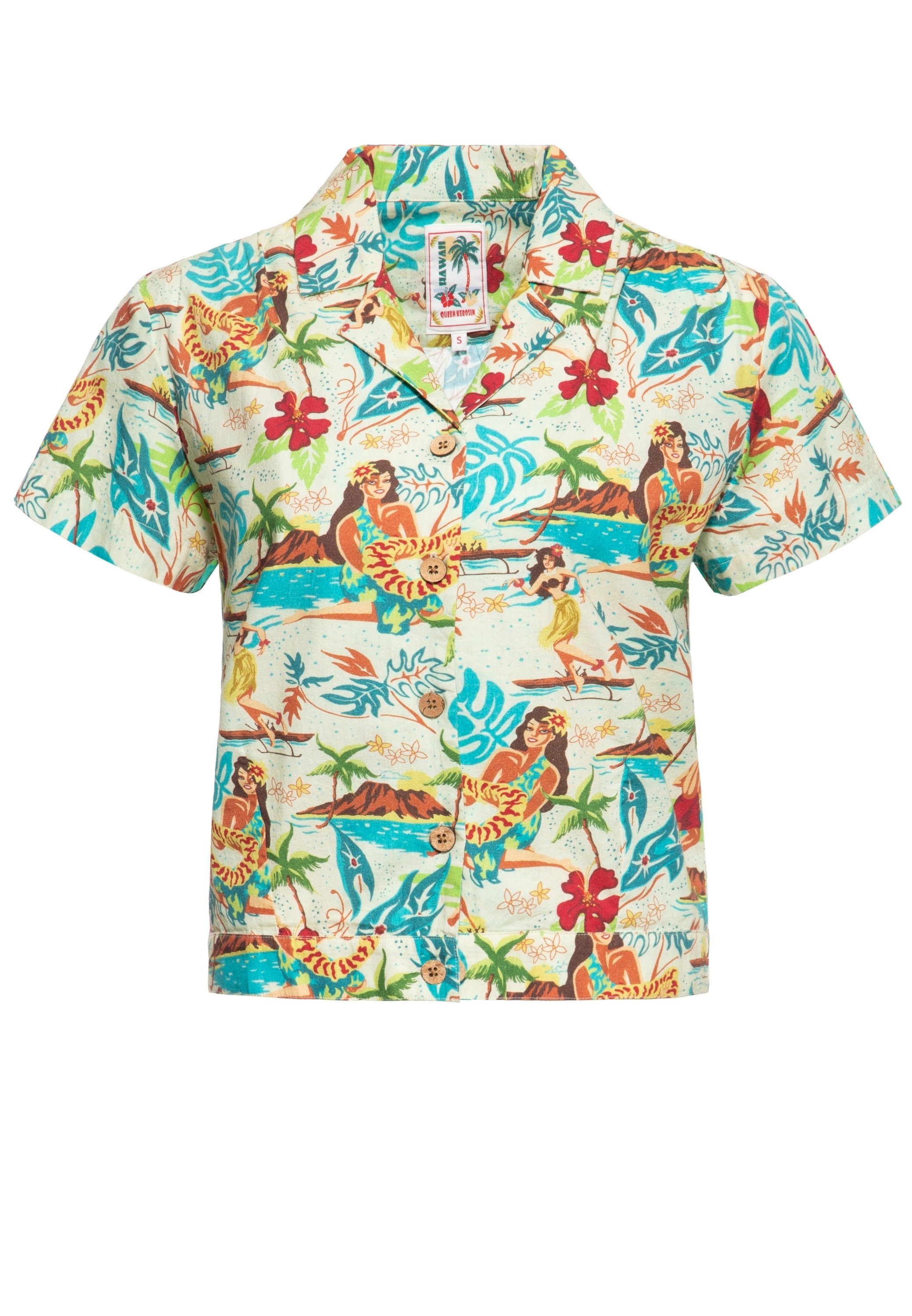 QueenKerosin Hemdbluse im Hawaiianischen Design ecru