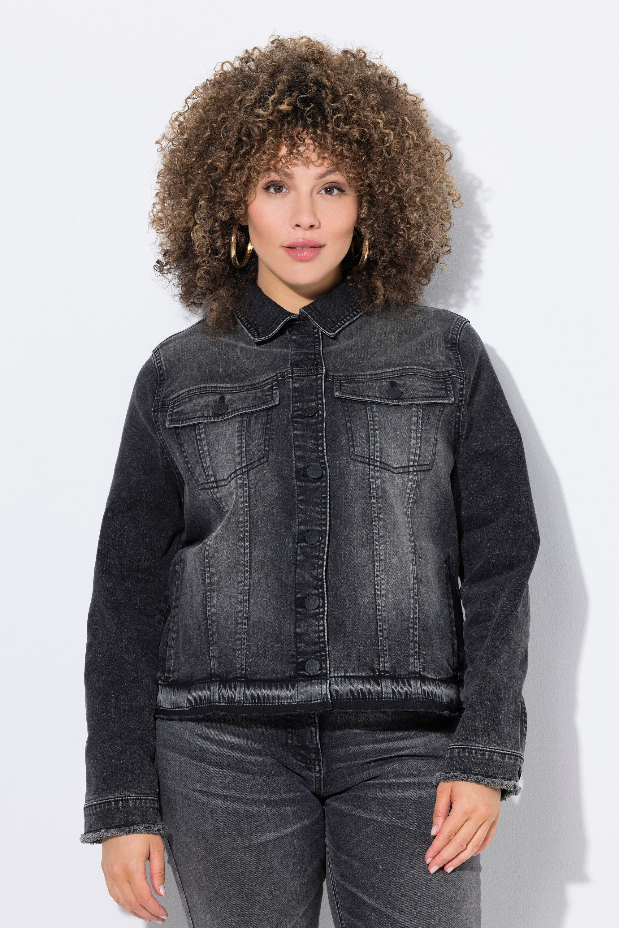 Ulla Popken Sommerjacke Jeansjacke Fransen Hemdkragen Langarm günstig online kaufen