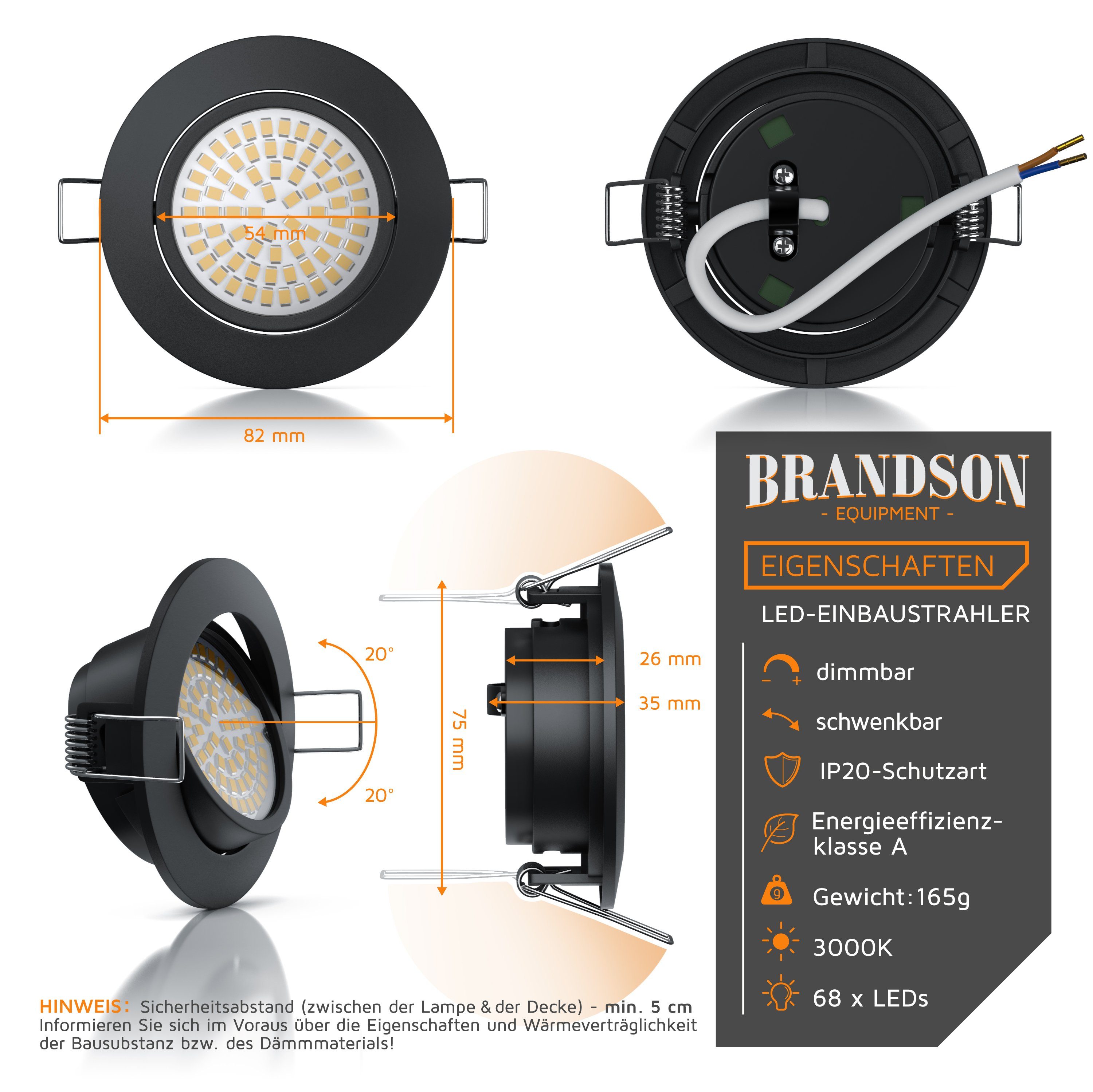 Brandson LED Deckenspots, & Aluminium Rahmen, Einbaustrahler, schwenkbar, dimmbar schwarz