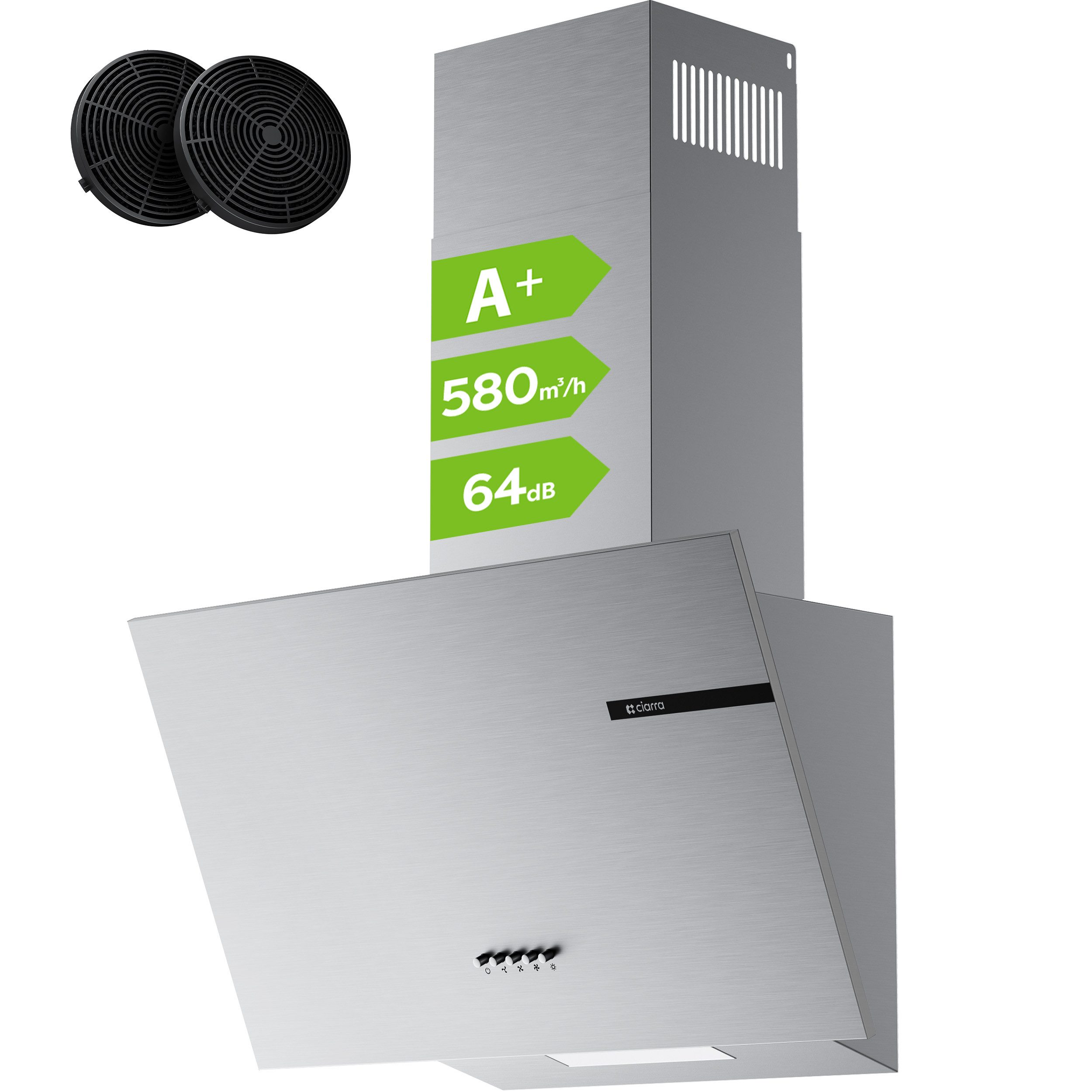 CIARRA Kopffreihaube 60 cm A+ 580 m³/h Schräghaube leise Umluft & Abluft VMS6765A 60 cm A+ 580 m³/h Schräghaube leise Umluft & Abluft VMS6765A, Kopffrei Dunstabzugshaube aus Edelstahl mit Kohlefilter & LED 3 Stufen