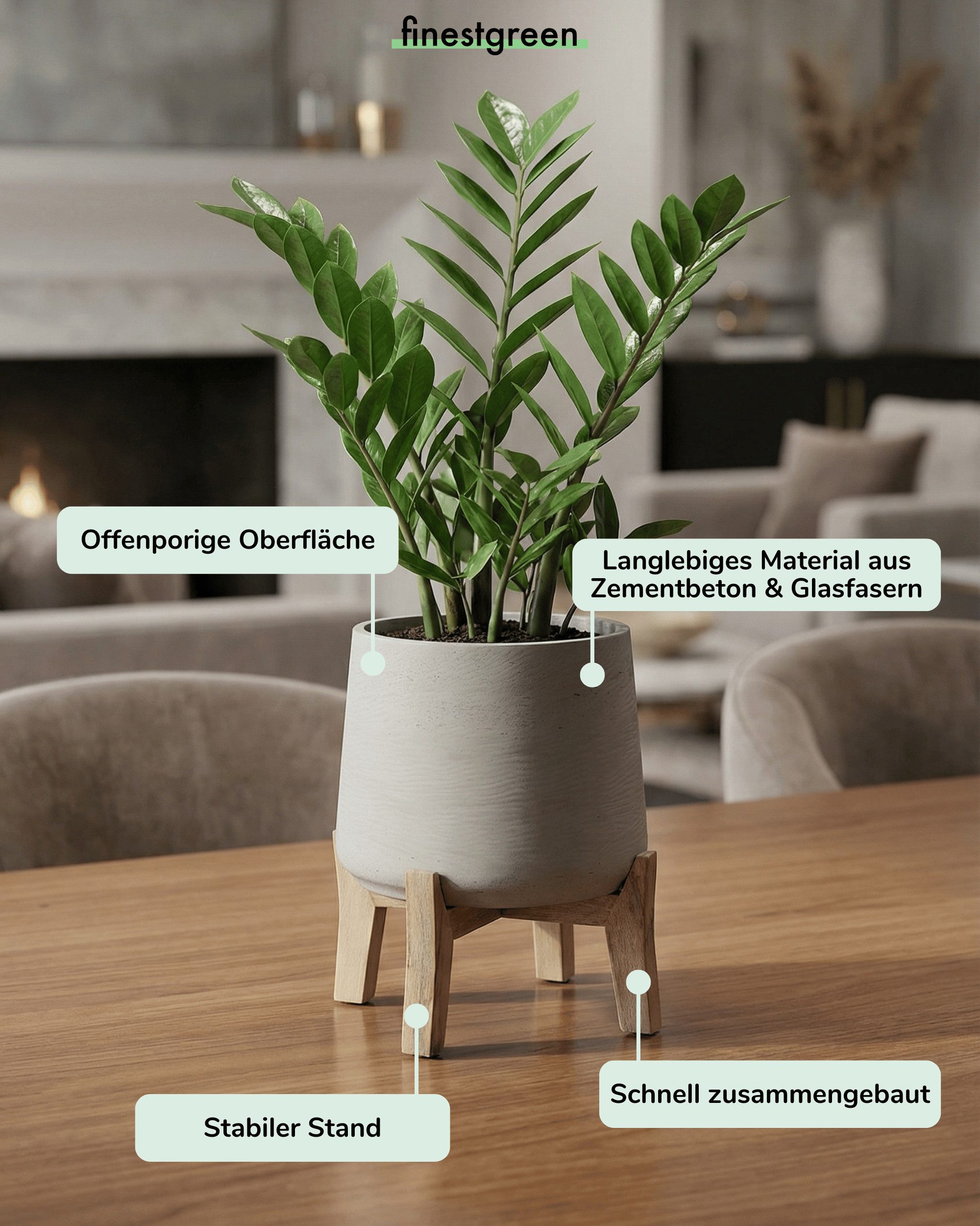 finestgreen Pflanzkübel Patt Feet Low, Fiberclay Pflanzkübel mit Holzfüßen in Beton-Optik für Innen & Außen