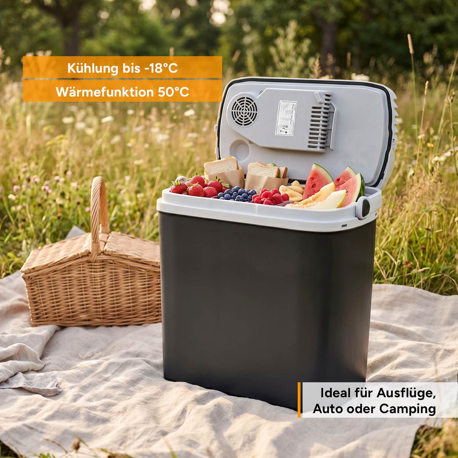 TZS FIRST AUSTRIA Elektrische Kühlbox 19L, Kühlbox, 12V /230V Anschluss, 12-V-Stecker fürs Auto, für Camping, Festivals, Reisen, mit Kühl- und Warmhaltefunktion – Bild 4 von 5