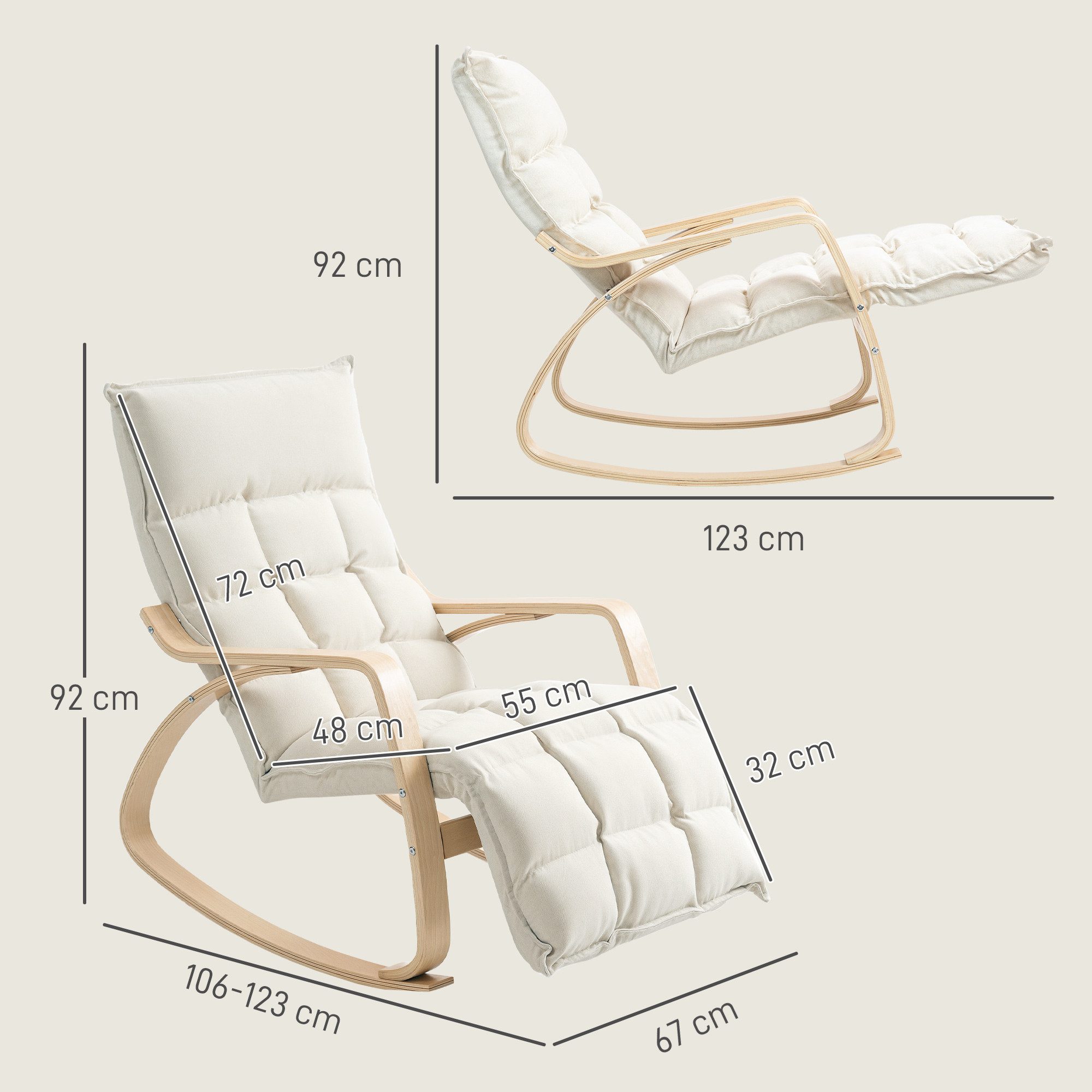 HOMCOM Schaukelstuhl Schaukelsessel mit Rückenlehne, Fußstütze, Leinenoptik (Schwingsessel, 1 St), Lesesessel für Wohnzimmer, Schlafzimmer, Balkon Creme
