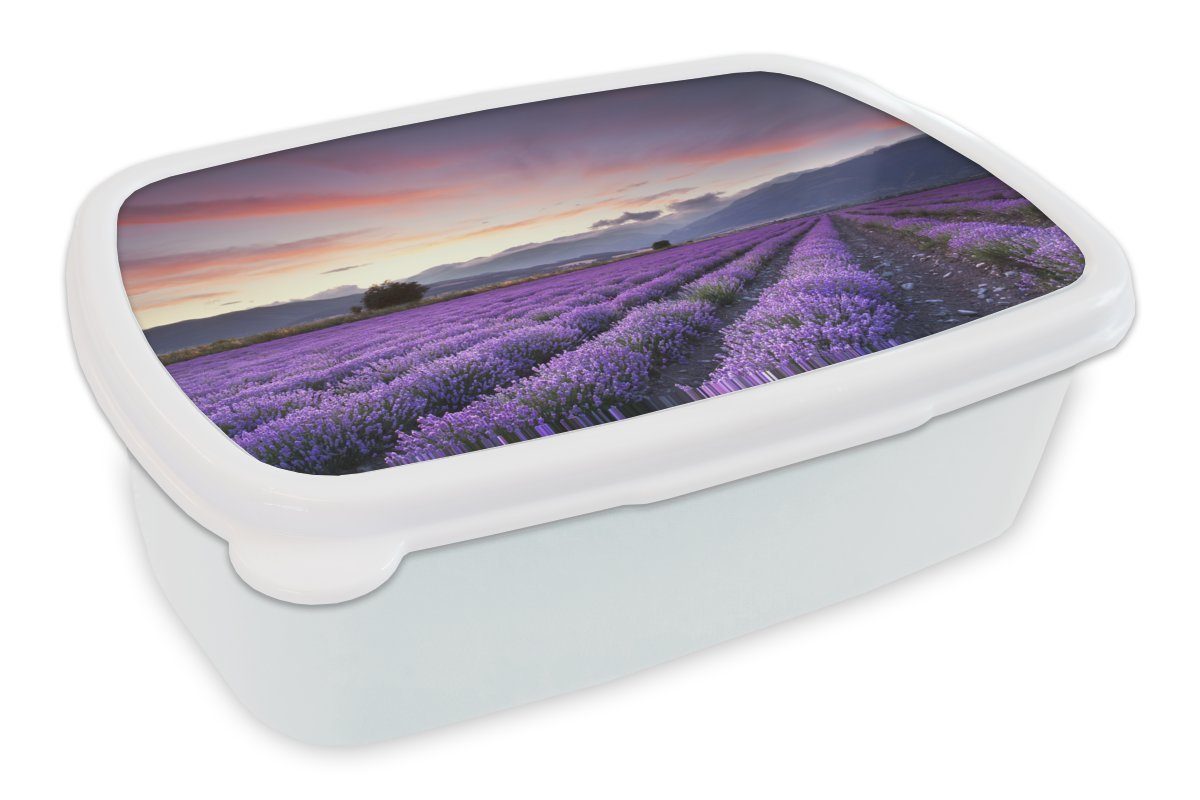 MuchoWow Lunchbox Ein schönes Lavendelfeld bei Sonnenuntergang, Kunststoff, (2-tlg), Brotbox für Kinder und Erwachsene, Brotdose, für Jungs und Mädchen weiß | Lunchboxen
