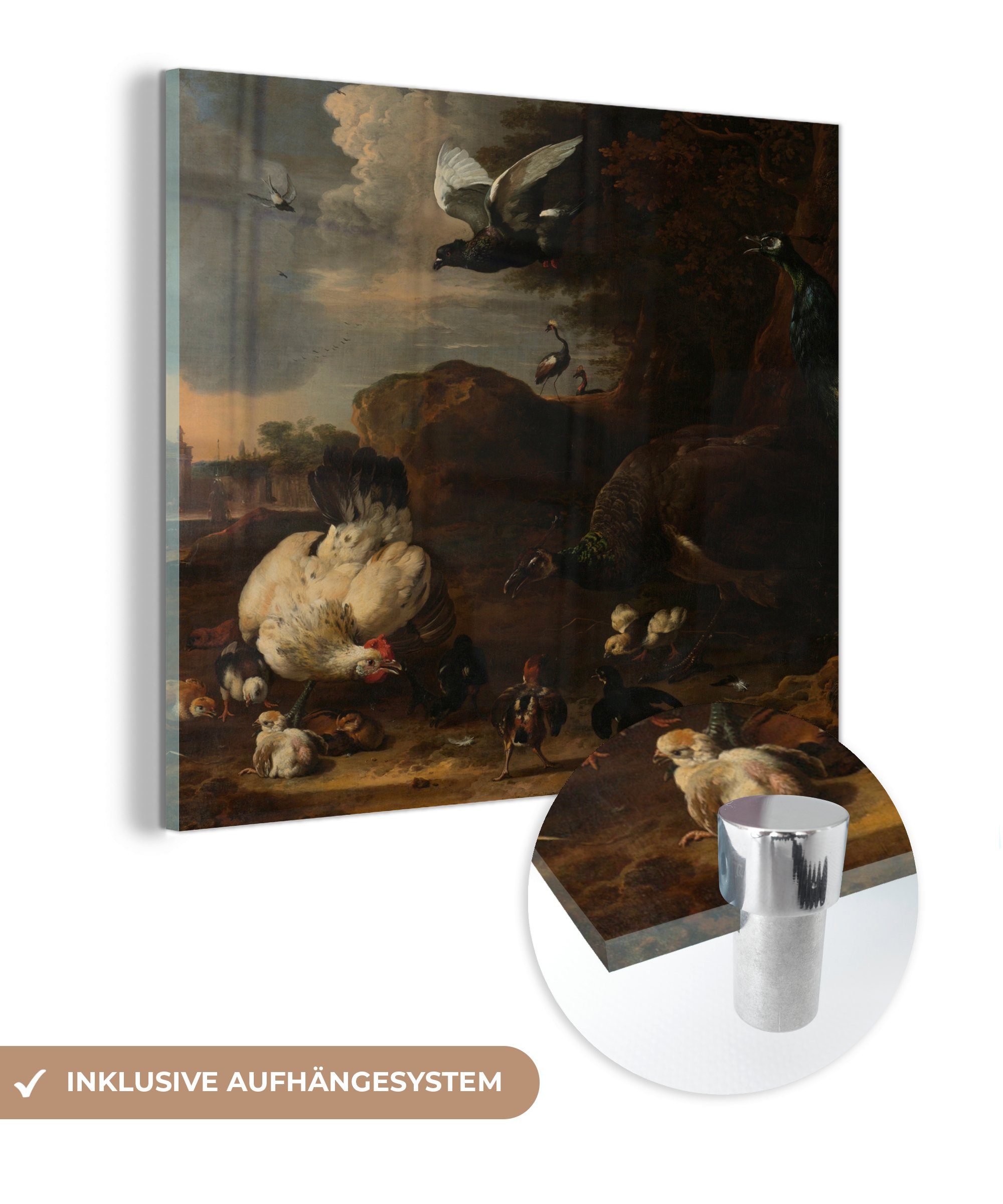 MuchoWow Acrylglasbild Eine Henne mit Küken, bedroht von zwei Pfauen - Melchior d'Hondecoeter, (1 St), Glasbilder - Bilder auf Glas Wandbild - Foto auf Glas - Wanddekoration