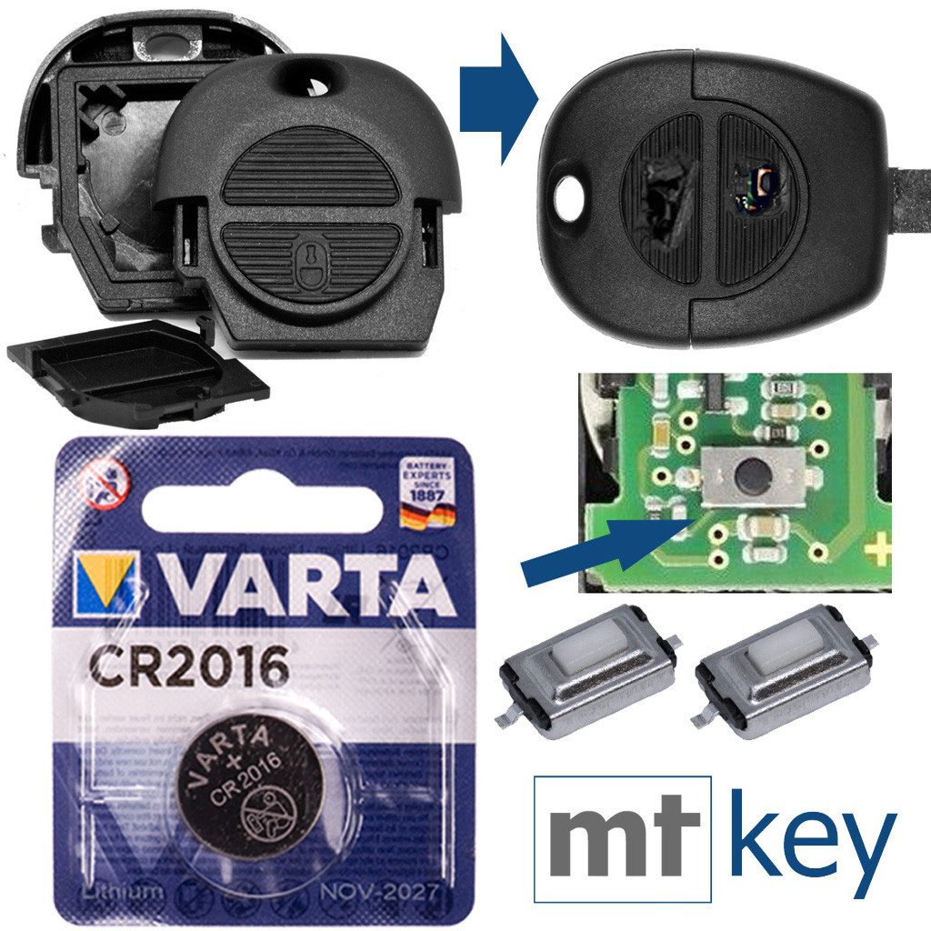 mt-key Auto Schlüssel Reparatur Gehäuse + 2x Mikrotaster + VARTA CR2016 Knopfzelle, CR2016 (3 V), für Nissan ALMERA Micra II Primera X-TRAIL Funk Fernbedienung