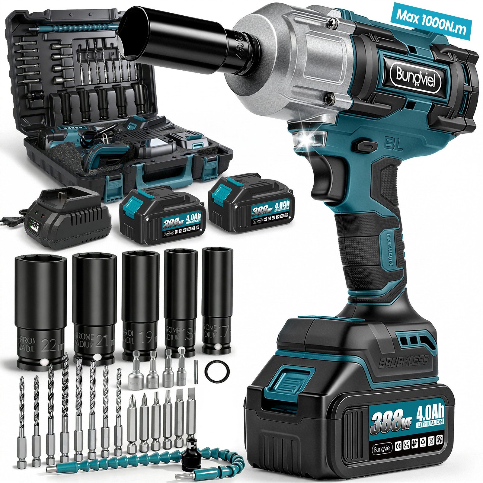 Bundviel Akku-Schlagschrauber 1000Nm 1/2" Bürstenloser Akku Schlagschrauber mit 2x 4000mAh Akku, 3600 U/min, 1000 Nm, (Set, 25-tlg., 5×Steckschlüssel, 4×Metallbohrer, 4×Holzbohrer, 4×Magnetsteckschlüssel), 5 in 1 Elektro-Schlagschrauber für Reparaturen und Heimwerken