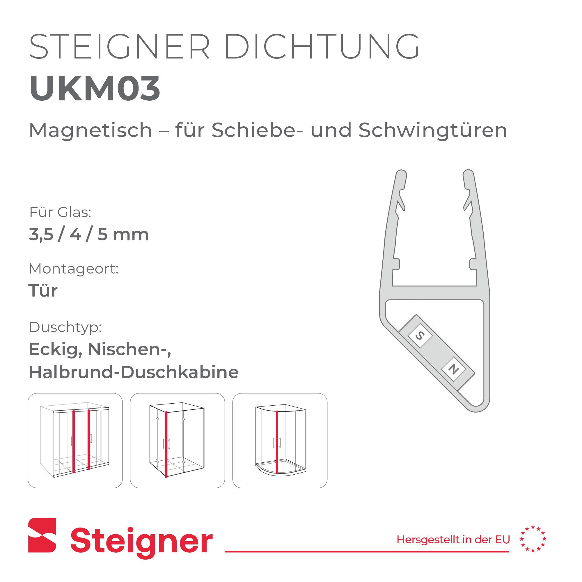 STEIGNER Duschdichtung Magnetduschdichtungen UKM03 201 cm 2 Stk Set 180° Transparent 3,5-5 mm, L: 201 cm, (2 Stück Packung, 2-St., Einzeldichtung), Duschdichtun – Bild 2 von 5