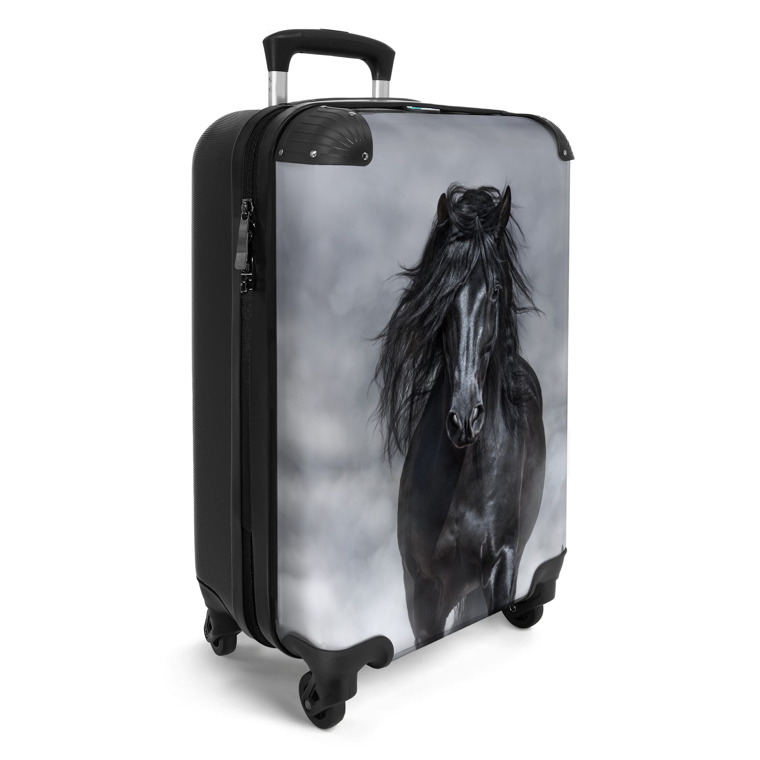 NoBoringSuitcases.com© Hartschalen-Trolley Pferd - Schwarz - Kind - Porträt 55x35x20cm, 4 Rollen, Kinder Koffer Klein, Trolley Handgepäck, Reisekoffer