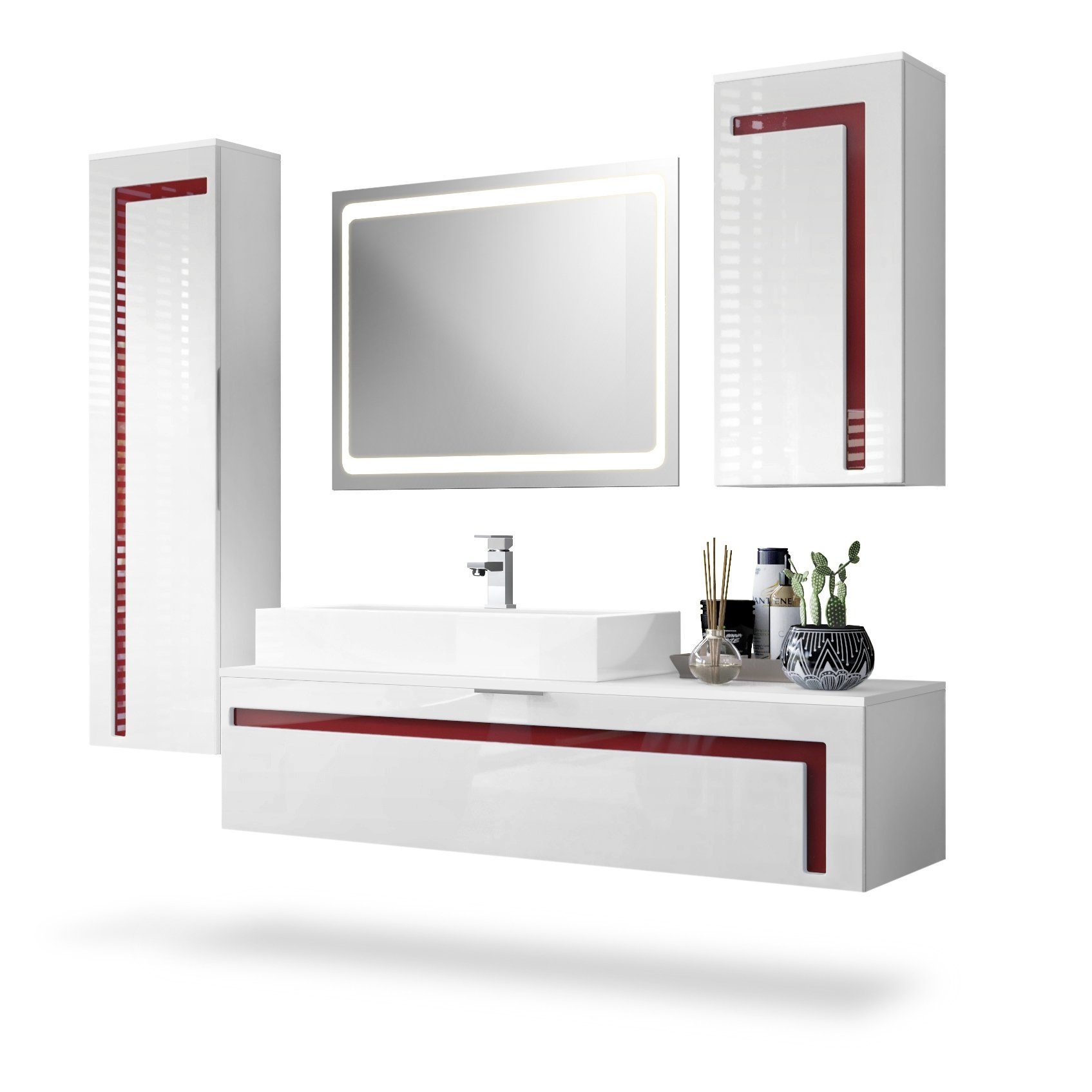 Vladon Badmöbel-Set Aloha, (Badezimmer-Set mit 2 Hochschränken, 1 Unterschrank, LED-Spiegel und 1 Waschbecken mit Armatur), Weiß matt&glänzend, Absetzungen in Bordeaux glänzend (210x51x185 cm)
