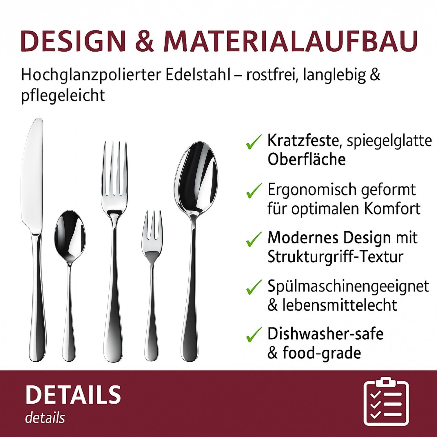 HOOZ Besteck-Set MS-6 (60-tlg), 12 Personen, Edelstahl, Vielteiliges Set für 12 Personen, Hochwertige Verarbeitung