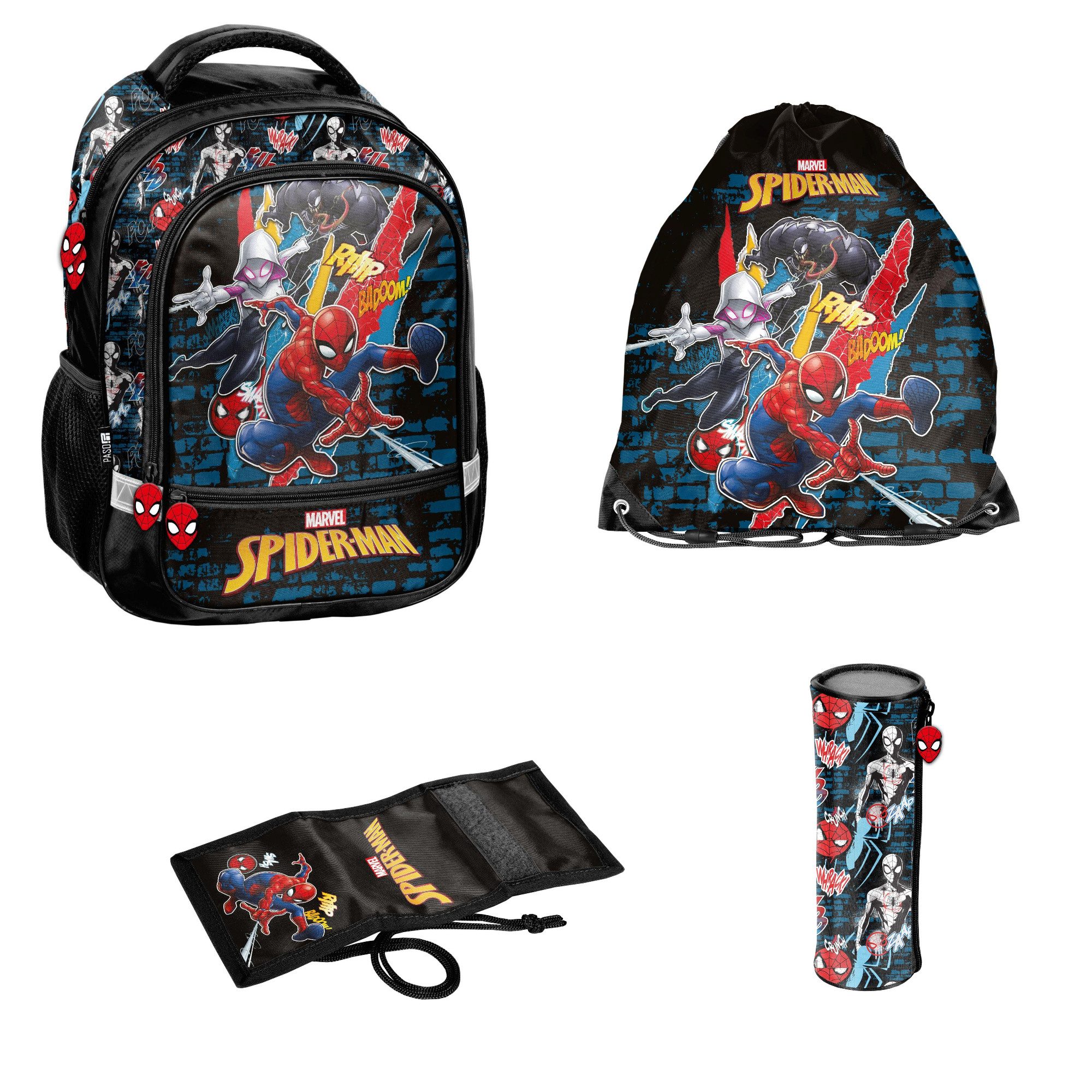 PASO Schulranzen Schulset Spider-Man (Set, 4-teilig), mit Schulrucksack, Turnbeutel, Faulenzer und Portemonnaie