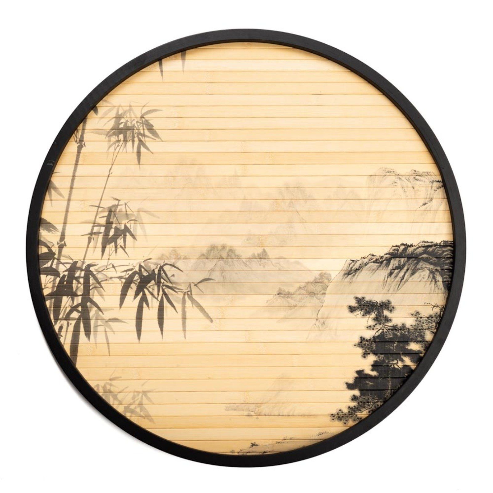 Cosy Home Ideas Wandbild Wanddeko Holz Bambus rund asiatisch Zeichnung schwarz natur, (1 Stück), Wandbild aus Bambus & Holz gefertigt | Kunstdrucke