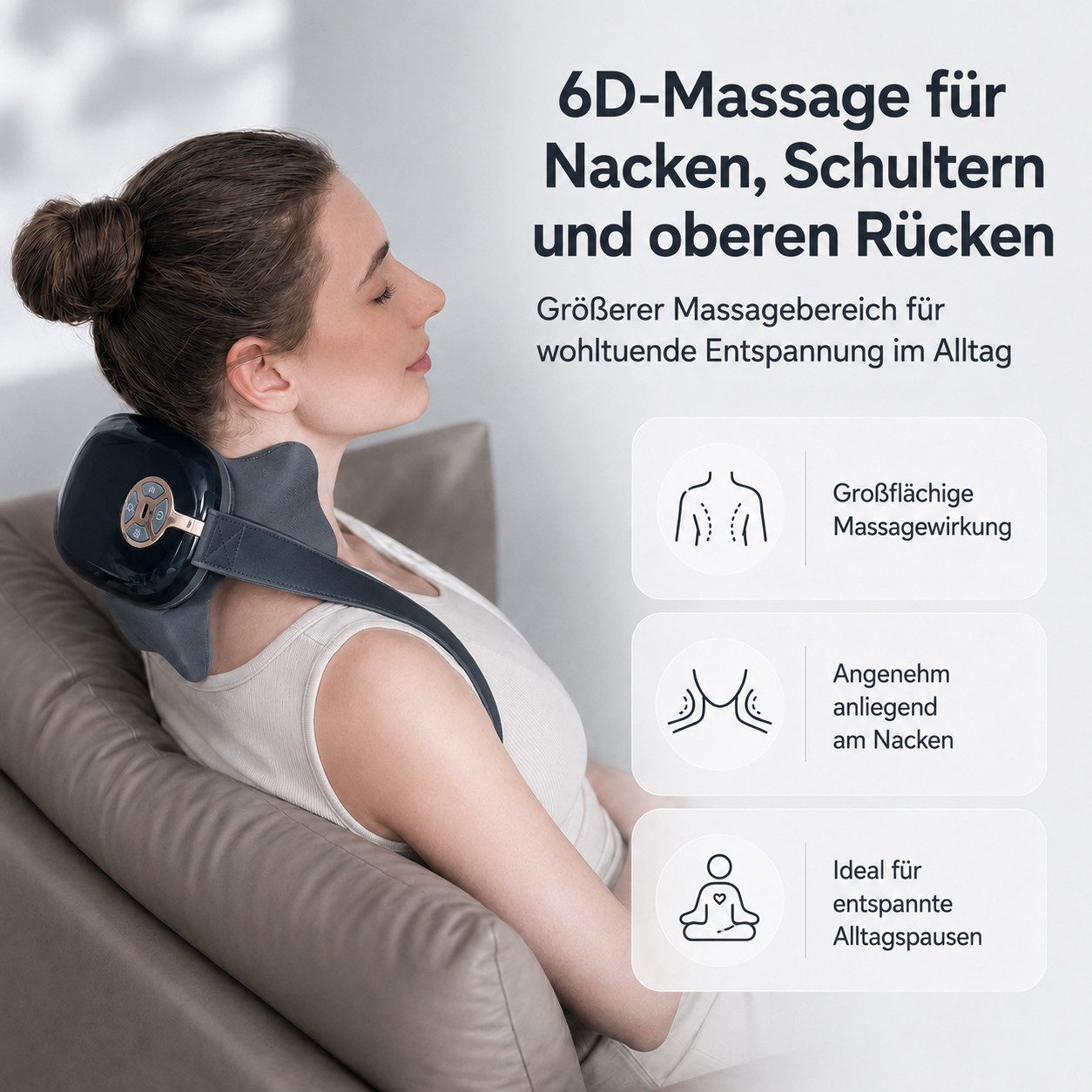 Futicare Nacken-Massagegerät mit Fernbedienung und Wärmefunktion, 6D, 4 Massageköpfe, 4 Modi, 3 Intensitäten, zur Entspannung bei Verspannungen an Nacken, Rücke – Bild 4 von 5