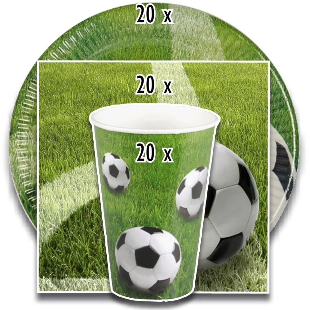 tradingbay24 Einwegteller Party-Set Fußball (60-teilig: Servietten, Teller, Becher)