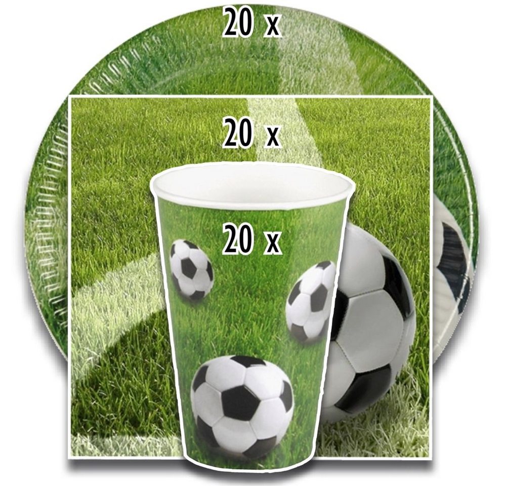 tradingbay24 Einwegteller Party-Set Fußball (60-teilig: Servietten, Teller, Becher)