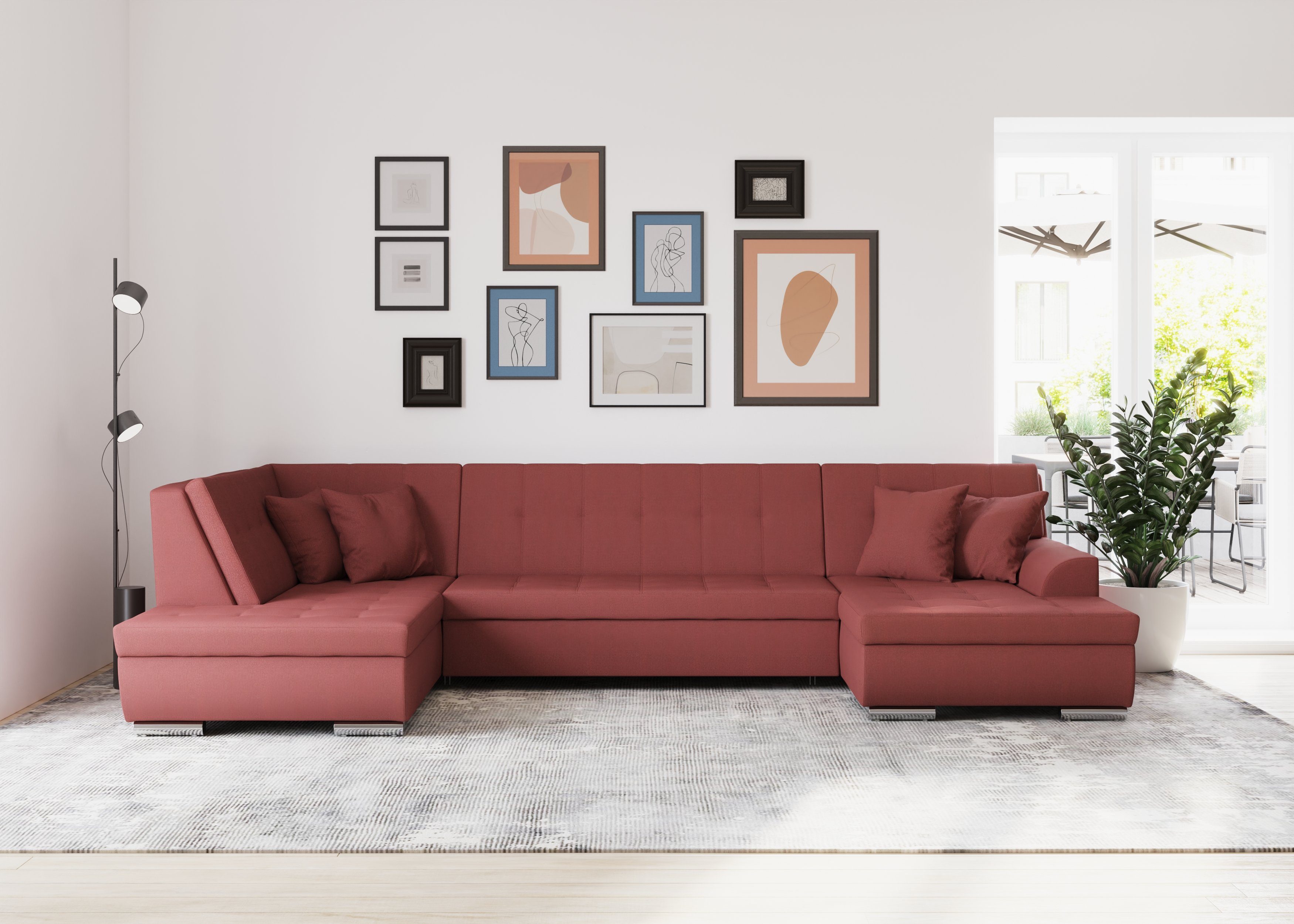 DOMO collection Wohnlandschaft Treviso incl. Zierkissen, moderne Steppung, XXL: B/T/H: 364/201/83 cm, wahlweise mit Bettfunktion, in vielen Bezugsarten auch in Cord U-Form