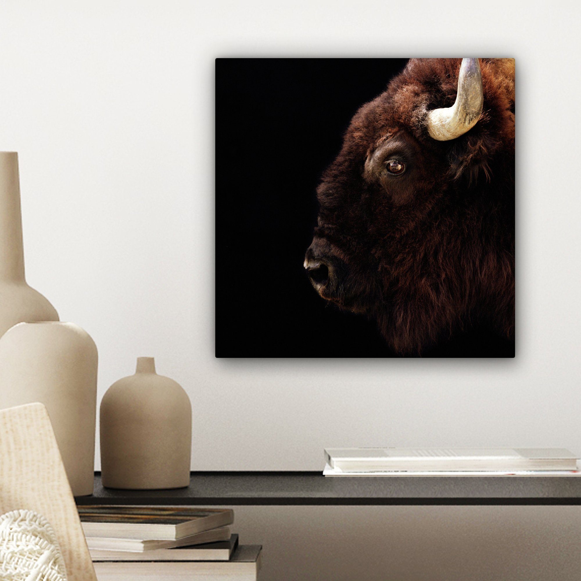 OneMillionCanvasses® Leinwandbild Bison - Bilder Leinwand 20x20 (1 St), Porträt, cm Schlafzimmer, Horn für - Wohnzimmer