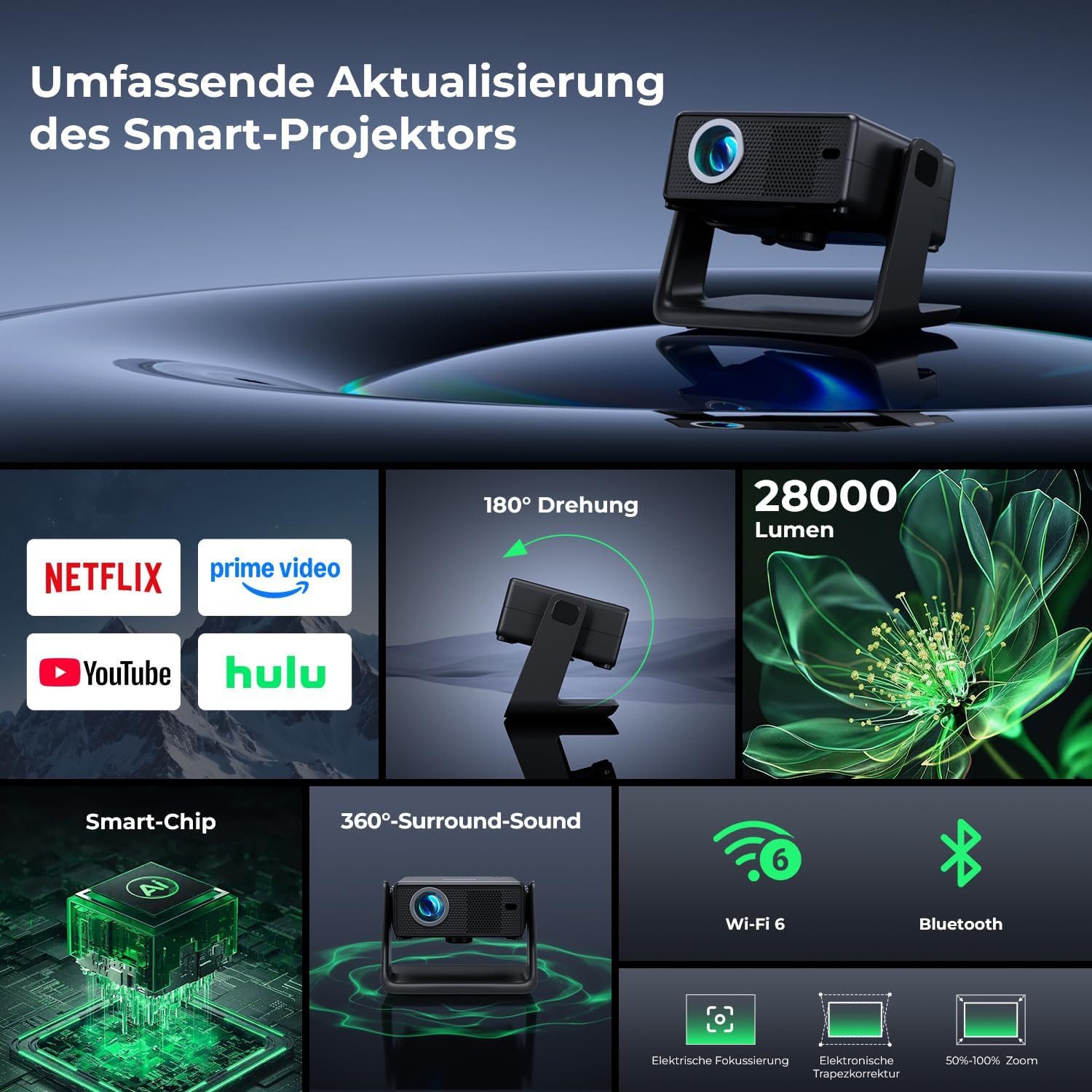 Einyoumily Beamer 4K Mit Netflix Zertifizierung Elektrischer Fokus Heimkino Beamer (28000 lm, 10000:1, 3840x2160 px, Full HD)