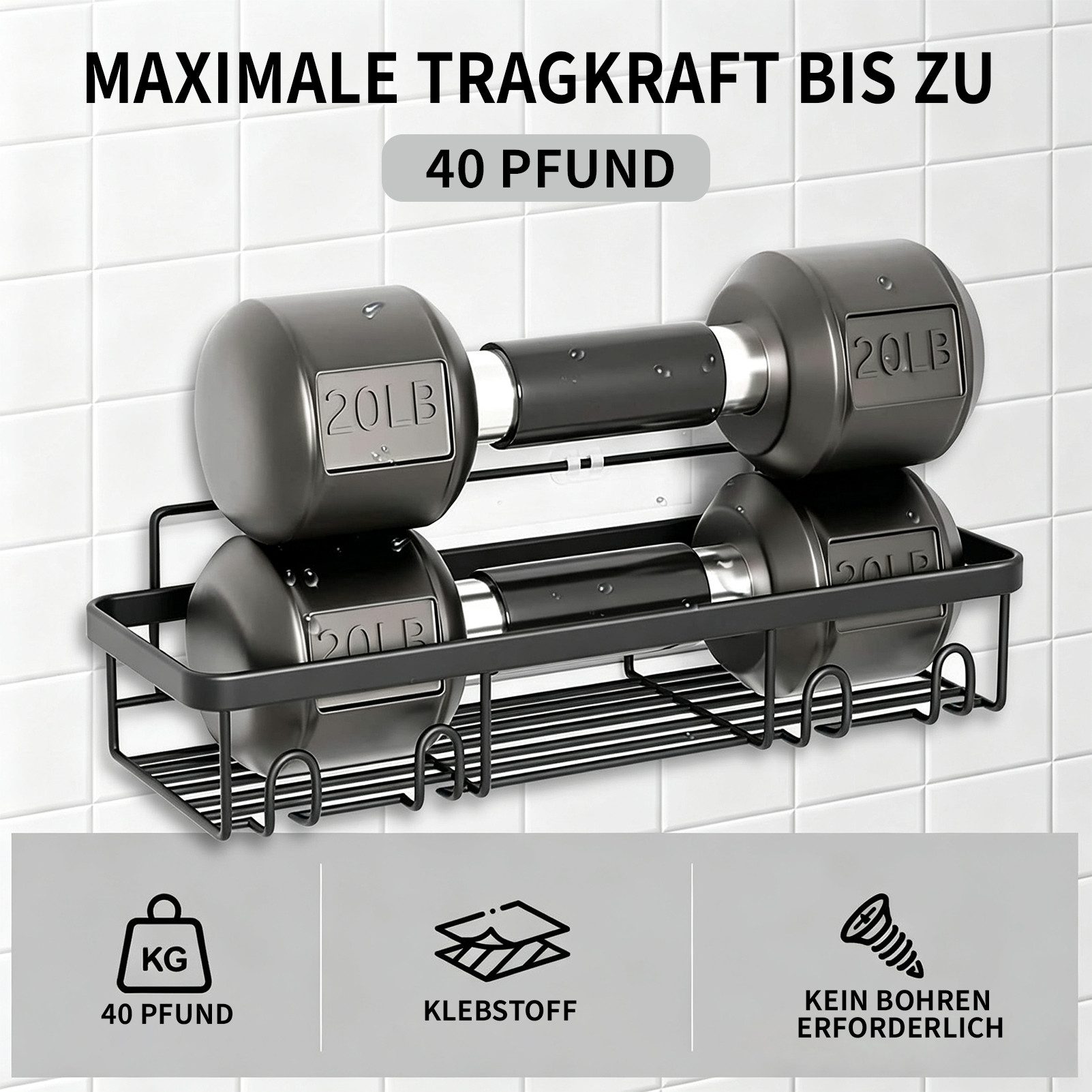 Esun Duschablage Duschablage Ohne Bohren, Duschregal, Kohlenstoffstahl Badregal 5 St., Set, Duschablage Ohne Bohren