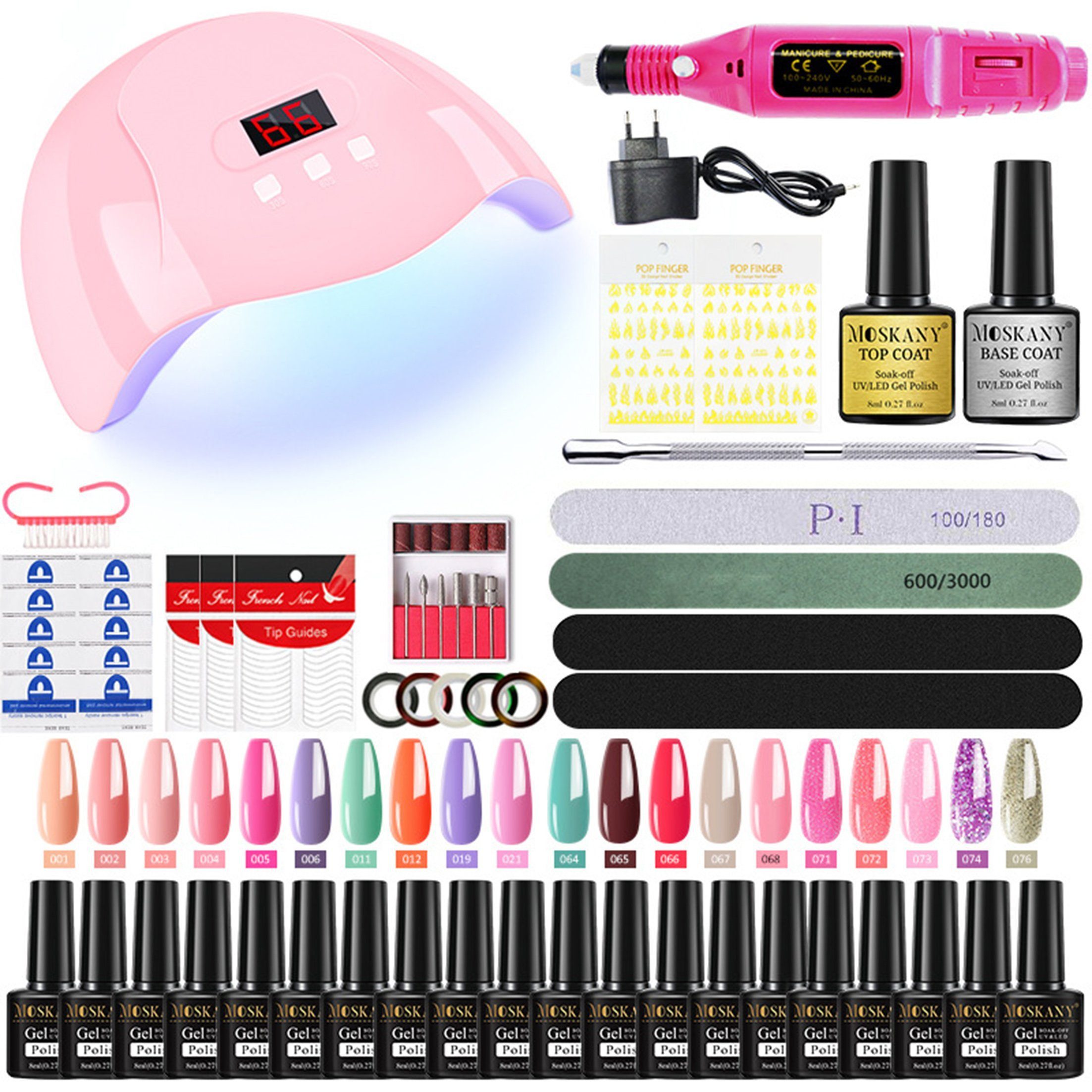 KINSI Nagellack-Set Gel Nagellack Set 20 Farben + UV Lampe – All-in-One Maniküre Set, Inkl. Basis- & Topcoat, Nagelfeile & Reinigungstücher
